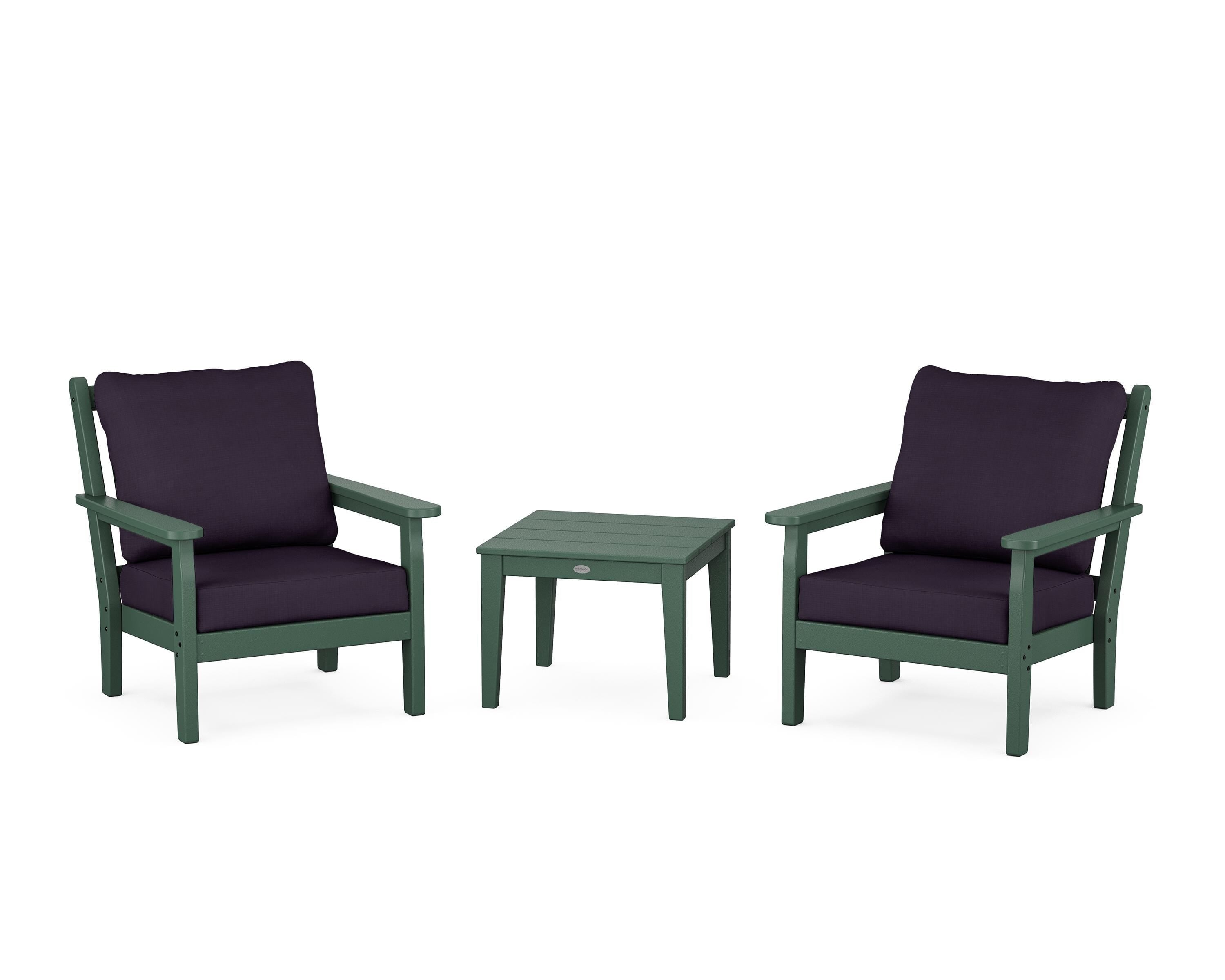 POLYWOOD® Chippendale 3-Piece Deep Seating Set in Green / Navy Linen