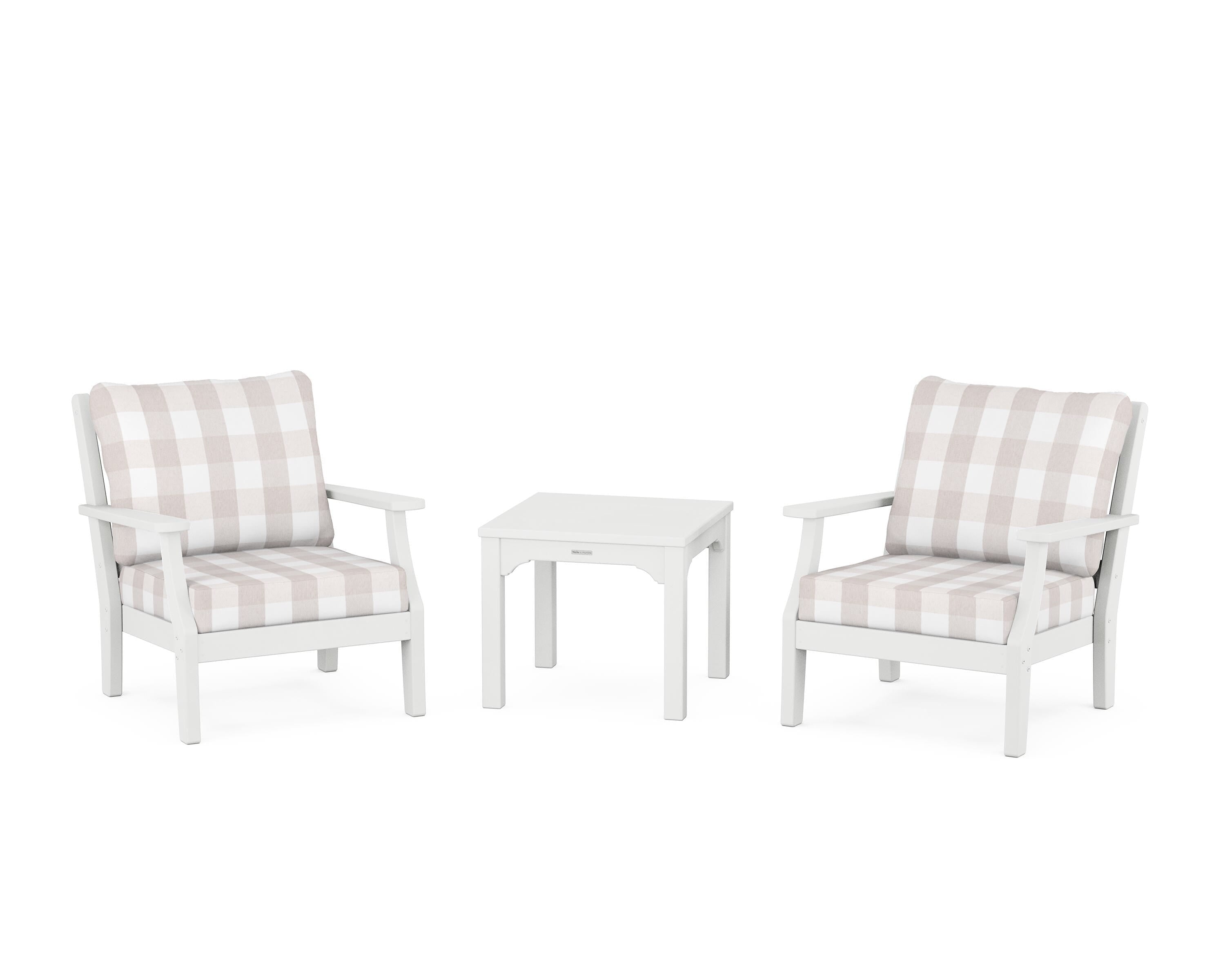 Martha Stewart by POLYWOOD® Chinoiserie 3-Piece Deep Seating Set in White / Buffalo Plaid Dune Burlap