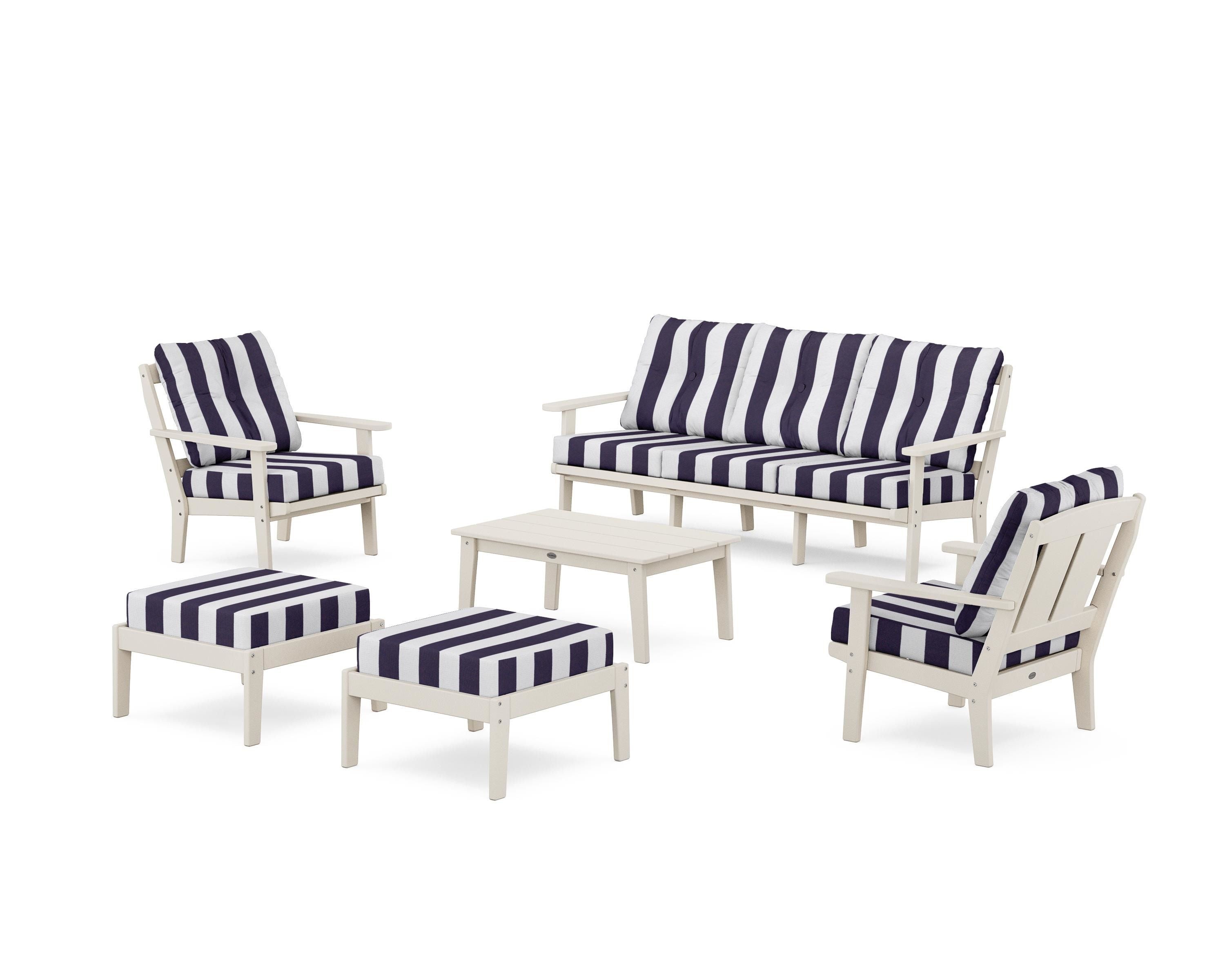 POLYWOOD® Mission 6-Piece Lounge Sofa Set in Sand / Cabana Stripe Navy