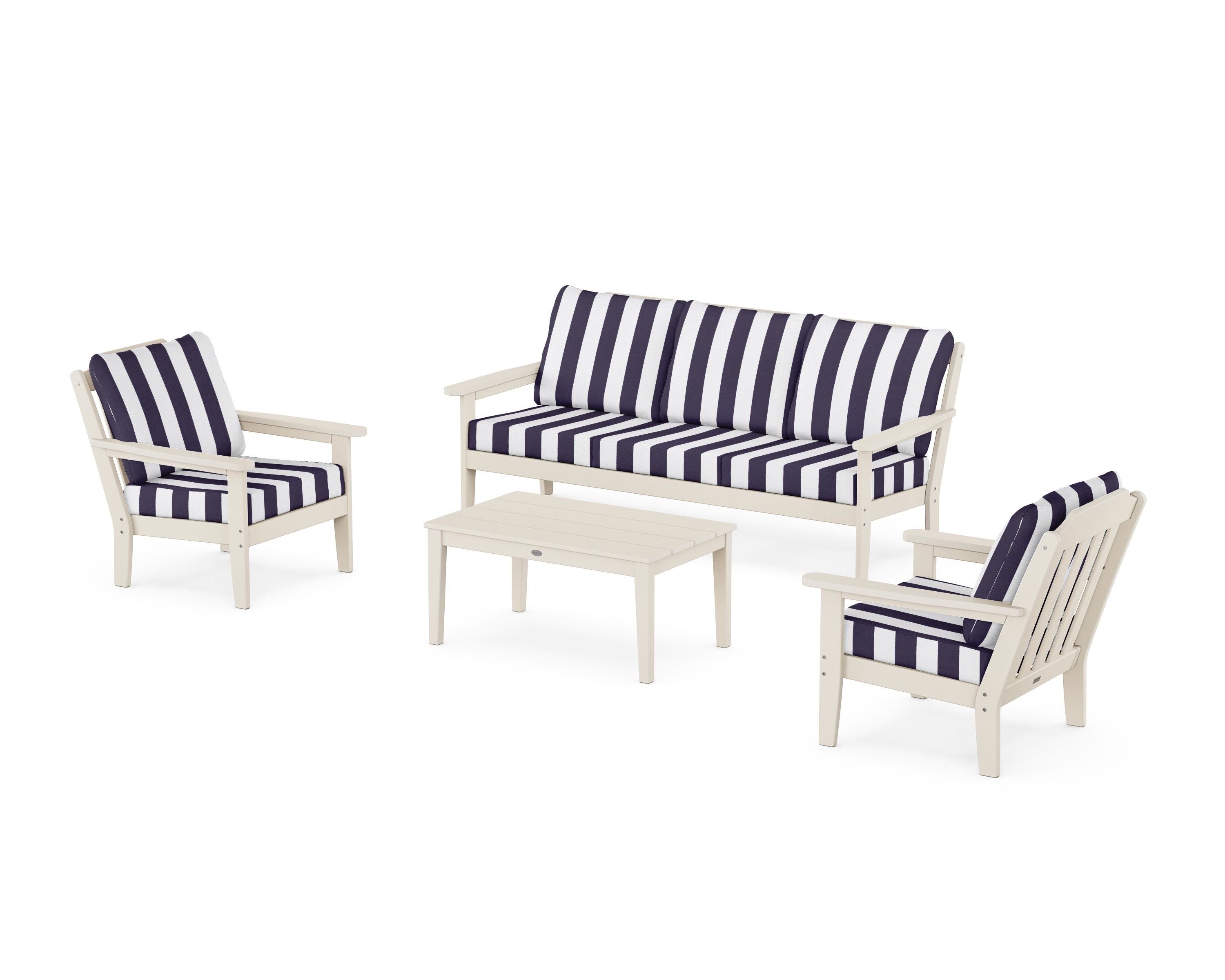 Country Living Cottage 4-Piece Deep Seating Set with Sofa in Sand / Cabana Stripe Navy