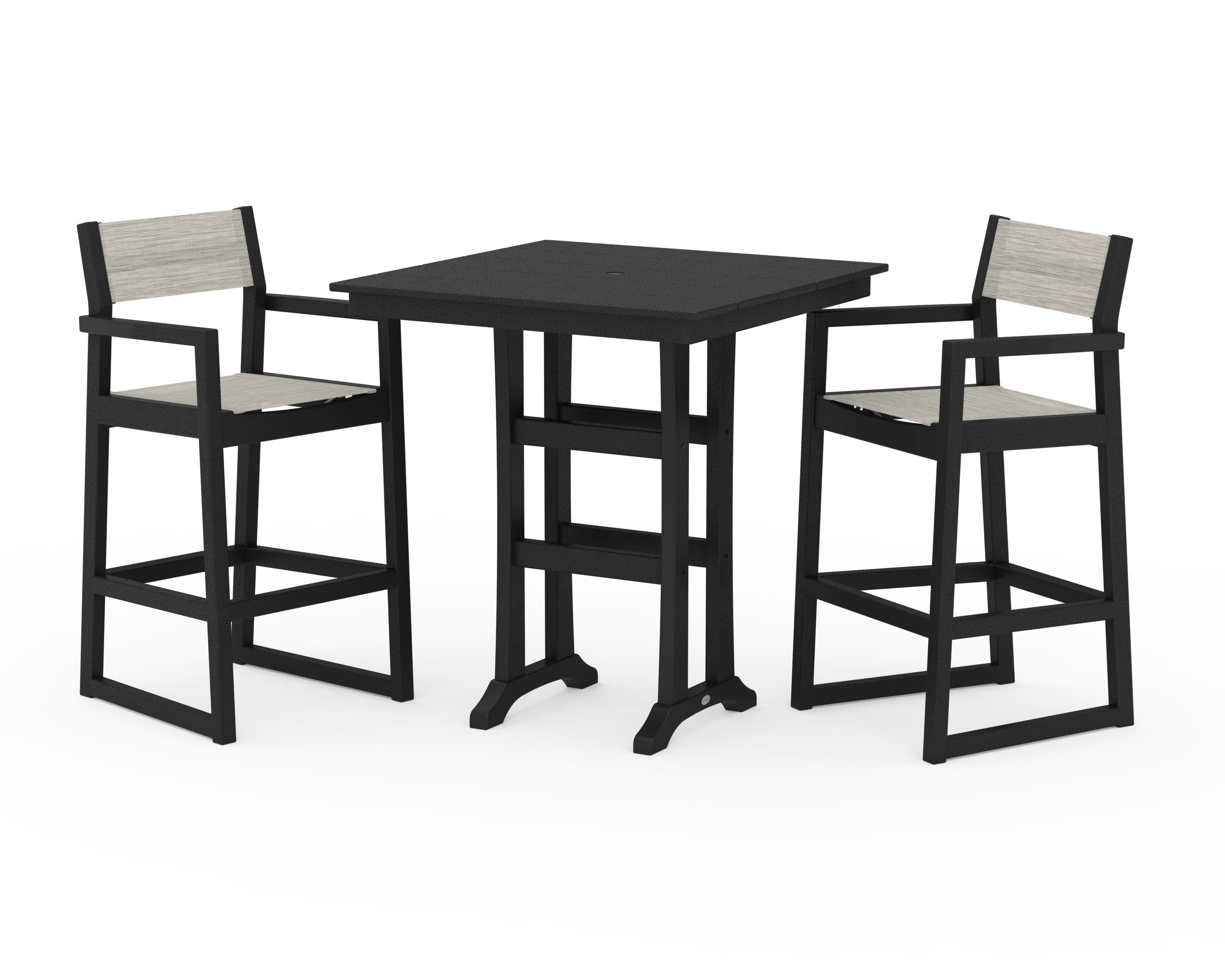POLYWOOD® EDGE Sling Arm Chair 3-Piece Farmhouse Bar Set with Trestle Legs in Black / Birch Sling