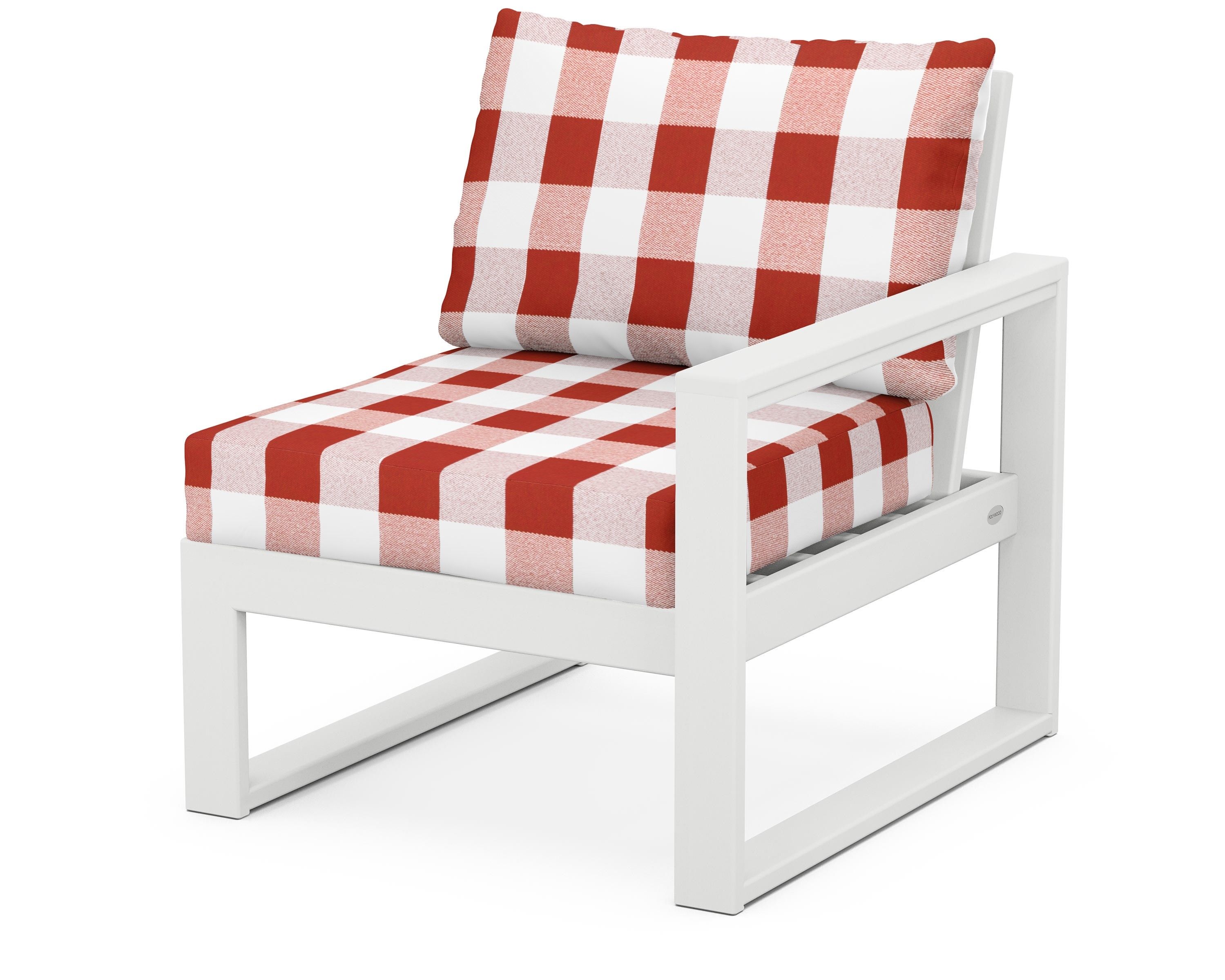 POLYWOOD® EDGE Modular Right Arm Chair in White / Buffalo Plaid Crimson