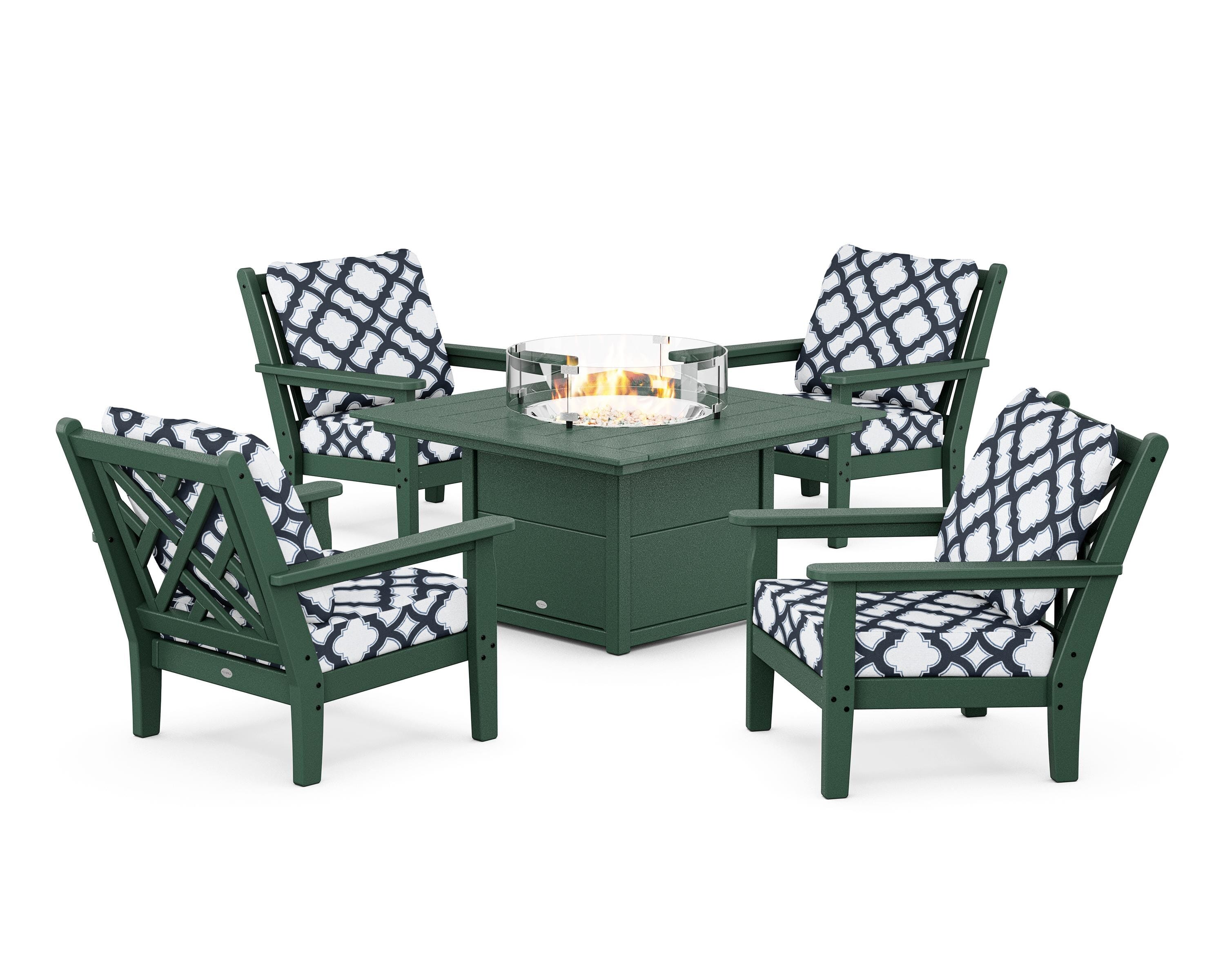 POLYWOOD® Chippendale 5-Piece Deep Seating Set with Fire Pit Table in Green / Trellis Marine Indigo