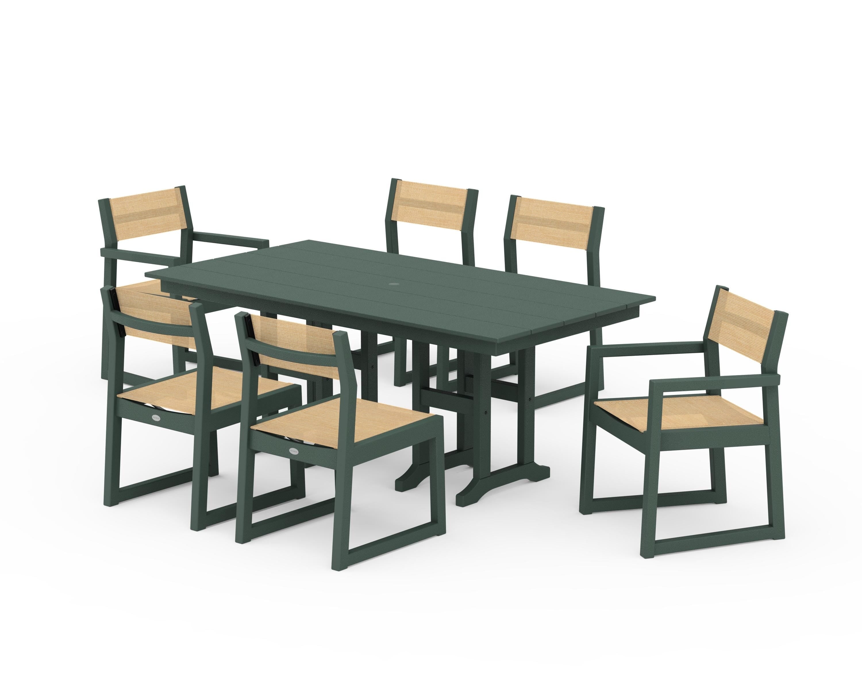 POLYWOOD® EDGE Sling 7-Piece Farmhouse Dining Set in Green / Dupioni Apricot Sling