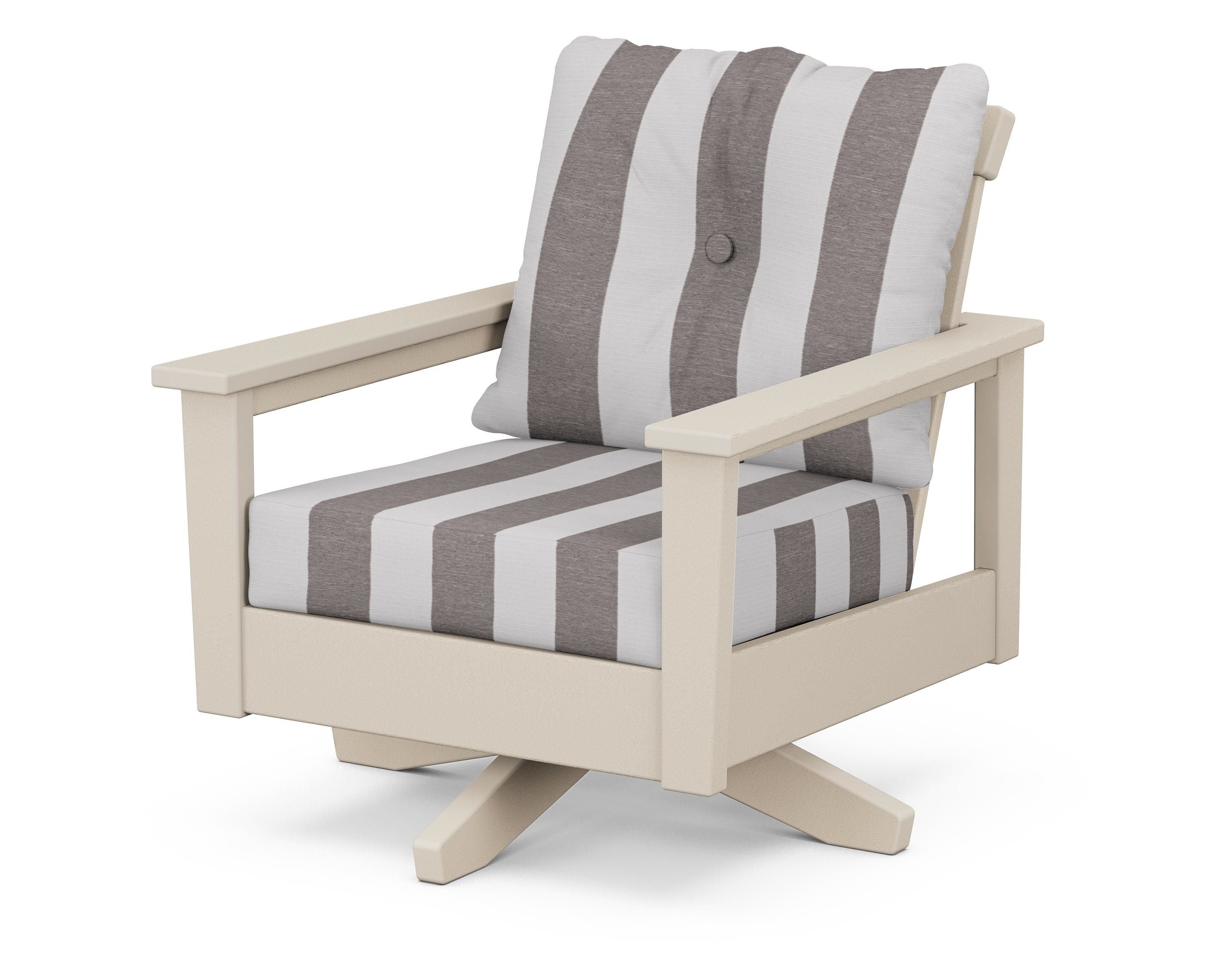 POLYWOOD® Prescott Deep Seating Swivel Chair in Sand / Cabana Stripe Grey Mist