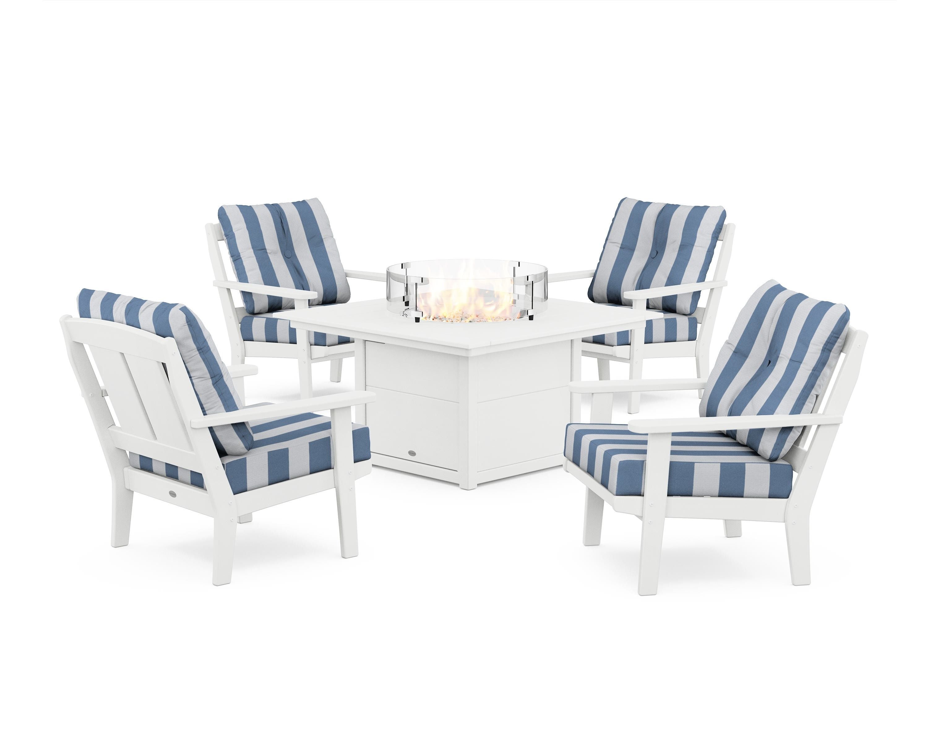POLYWOOD® Mission 5-Piece Deep Seating Set with Fire Pit Table in White / Cabana Stripe Sky Blue