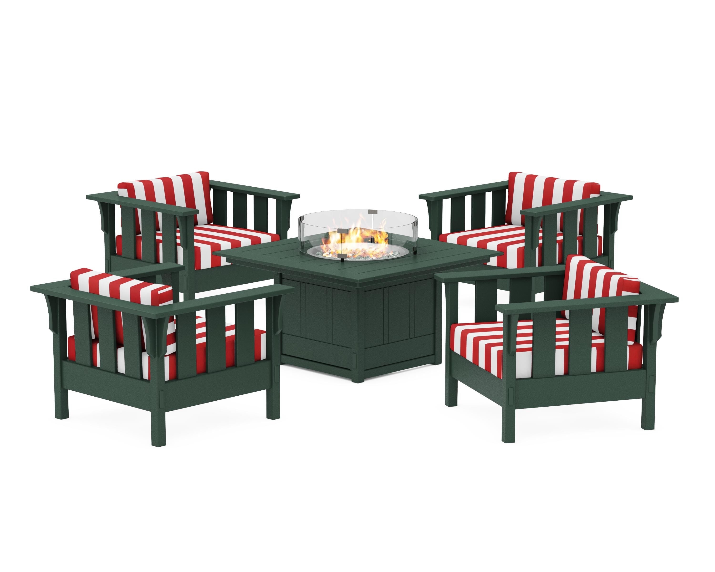 Martha Stewart by POLYWOOD® Acadia 5-Piece Deep Seating Set with Fire Pit Table in Green / Cabana Stripe Crimson