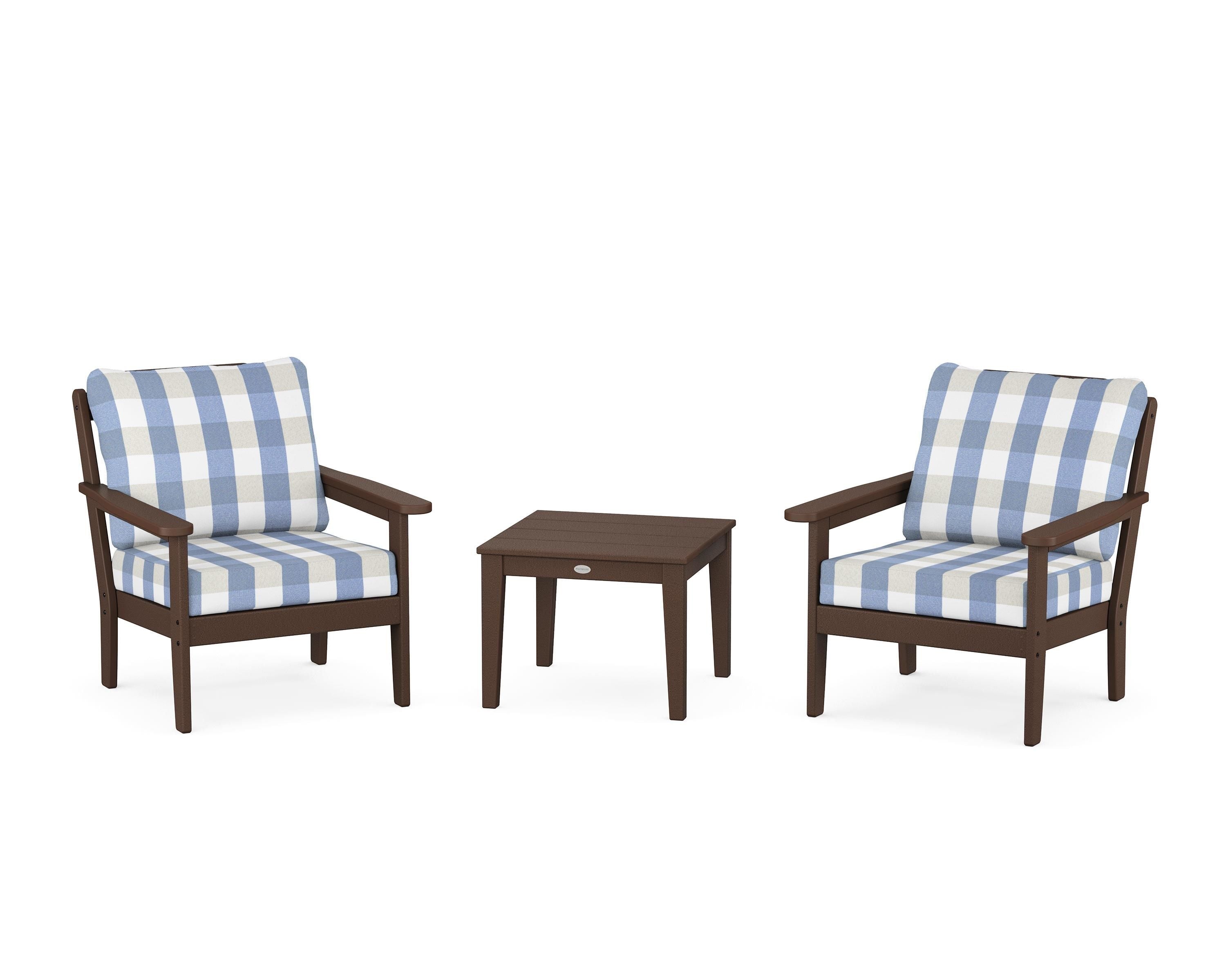 Country Living Cottage 3-Piece Deep Seating Set in Mahogany / Buffalo Plaid Sky Blue