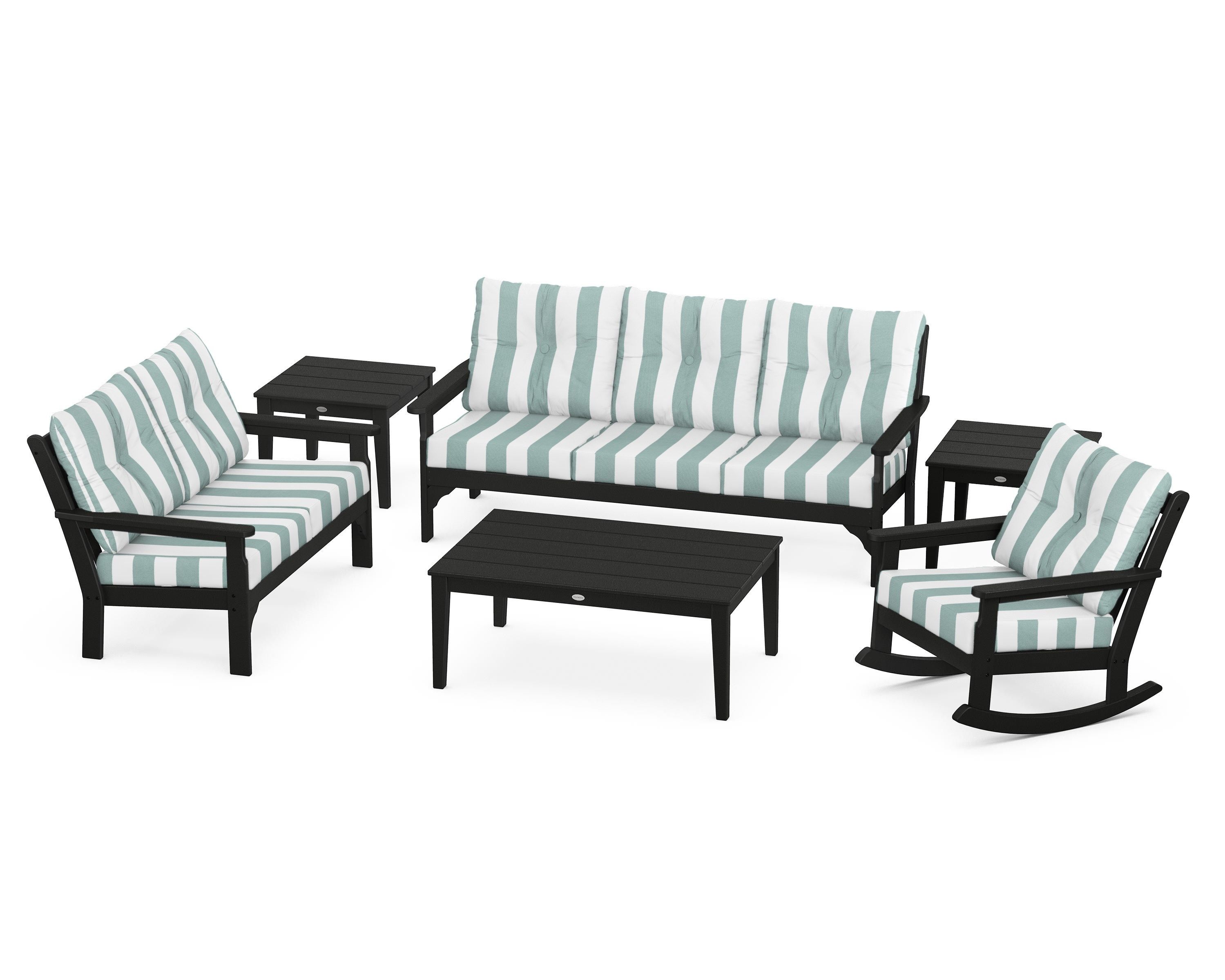 POLYWOOD® Vineyard 6-Piece Deep Seating Set in Black / Cabana Stripe Glacier Spa
