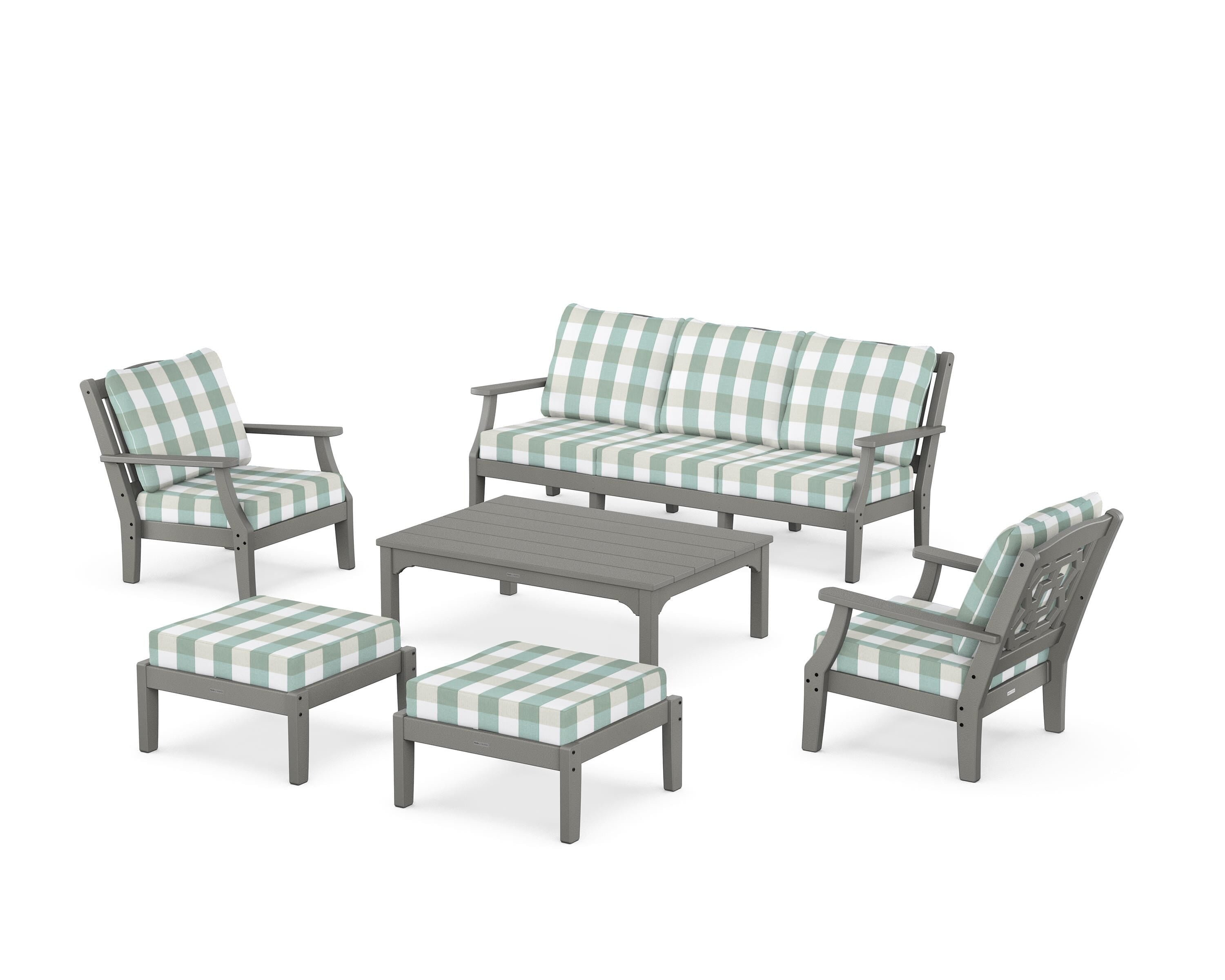 Martha Stewart by POLYWOOD® Chinoiserie 6-Piece Lounge Sofa Set in Slate Grey / Buffalo Plaid Glacier Spa