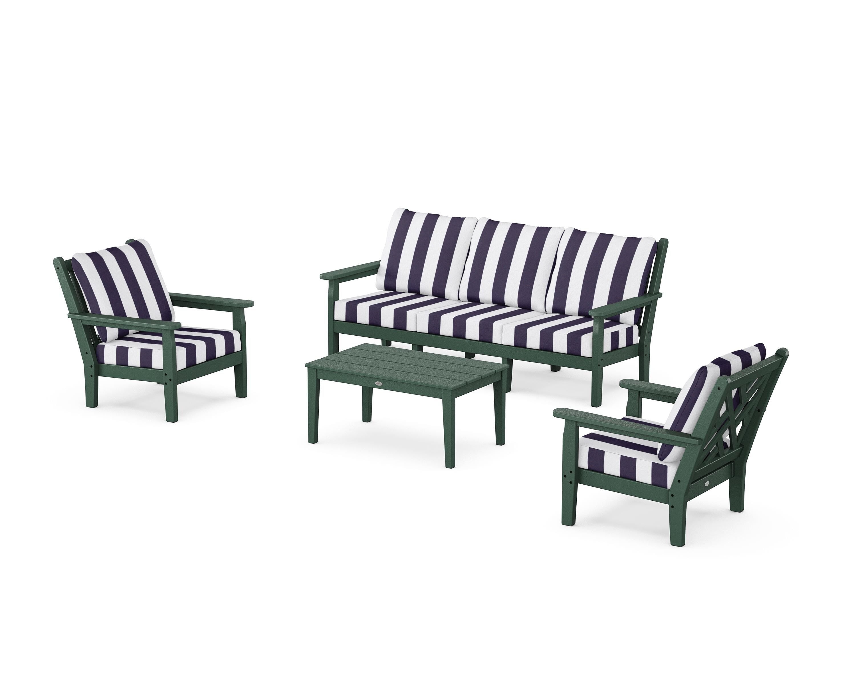 POLYWOOD® Chippendale 4-Piece Deep Seating Set with Sofa in Green / Cabana Stripe Navy