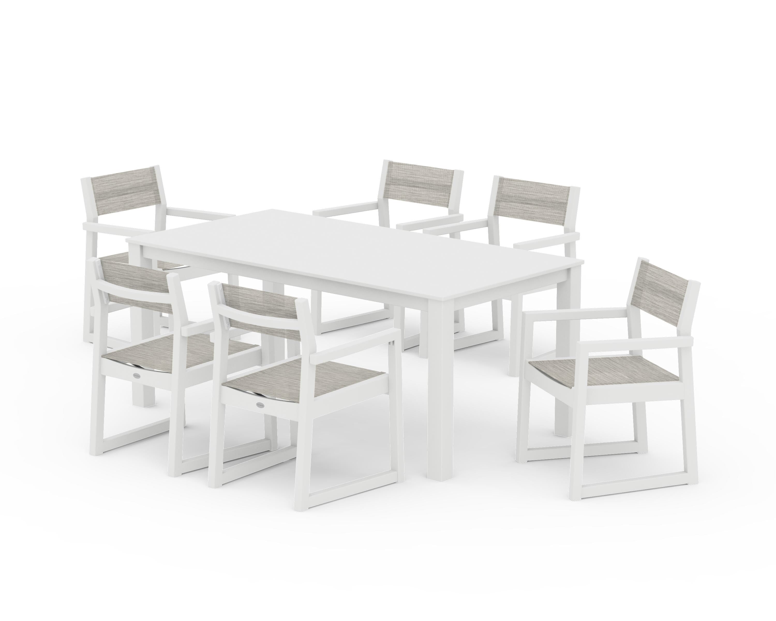 POLYWOOD® EDGE Sling Arm Chair 7-Piece Parsons Dining Set in White / Birch Sling