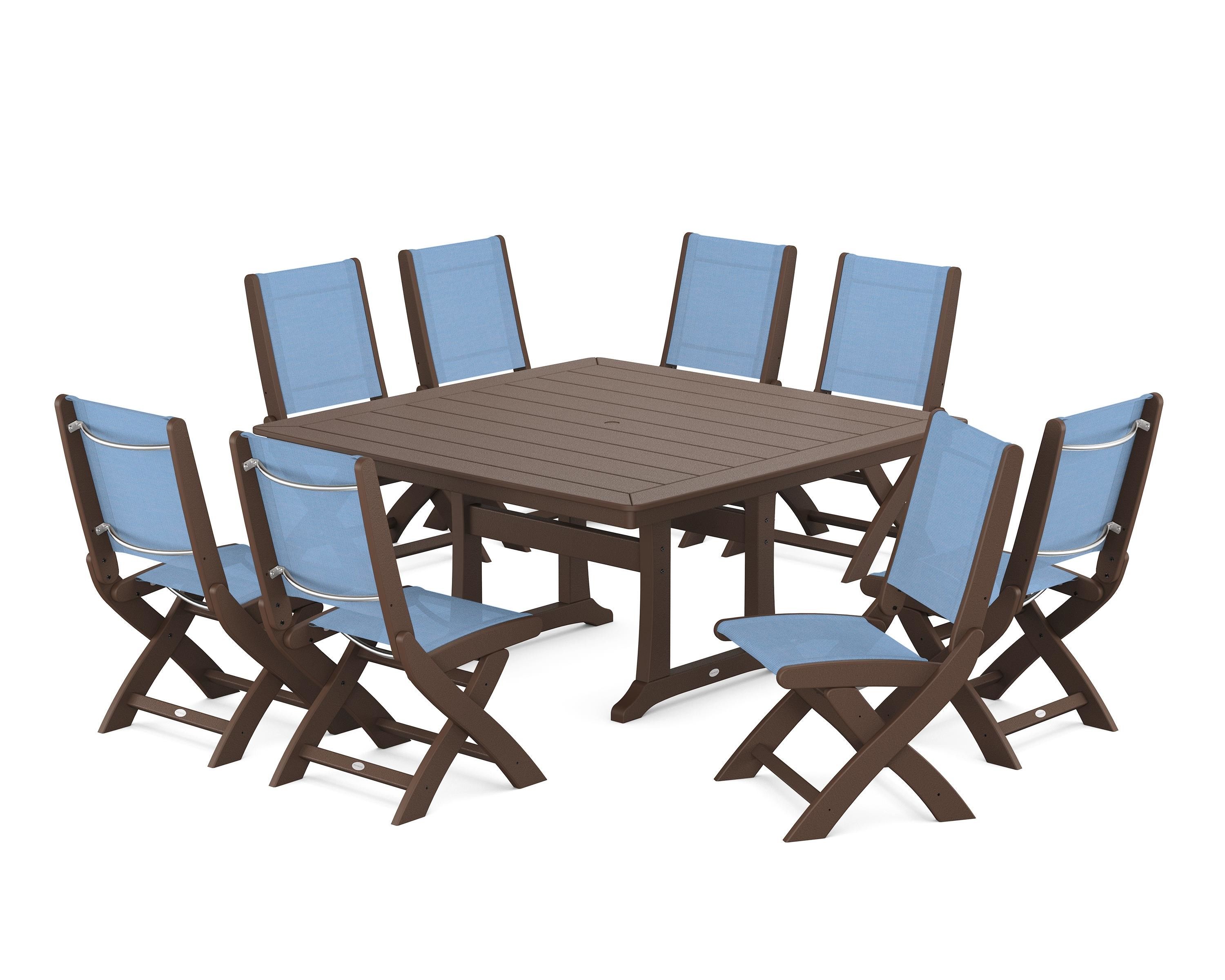 POLYWOOD® Coastal Folding Side Chair 9-Piece Dining Set with Trestle Legs in Mahogany / Poolside Sling
