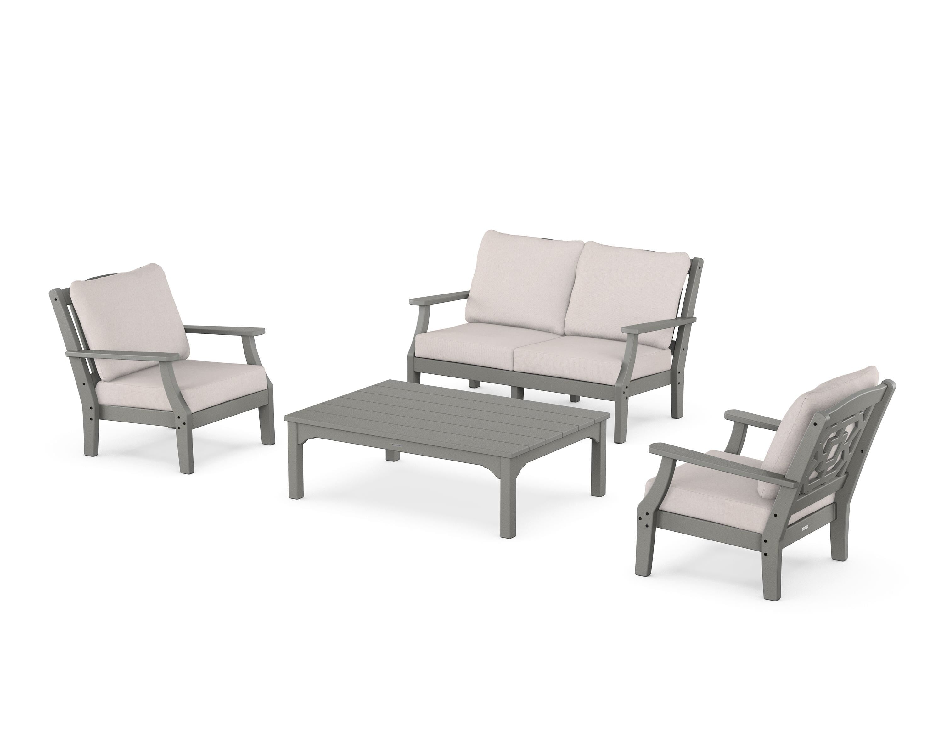 Martha Stewart by POLYWOOD® Chinoiserie 4-Piece Deep Seating Set with Loveseat in Slate Grey / Dune Burlap