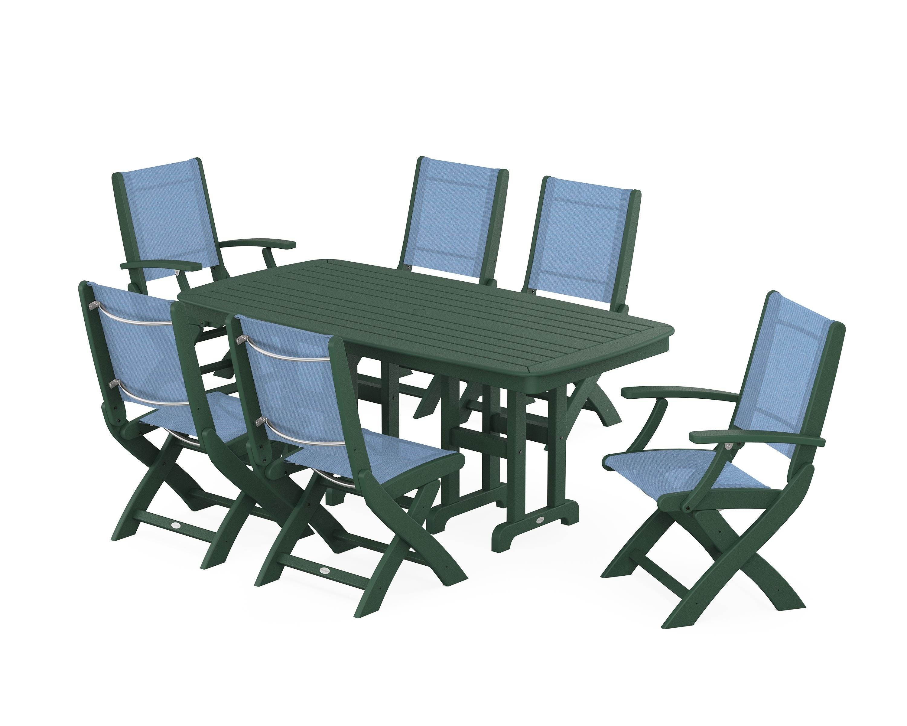 POLYWOOD® Coastal Folding Chair 7-Piece Dining Set in Green / Poolside Sling