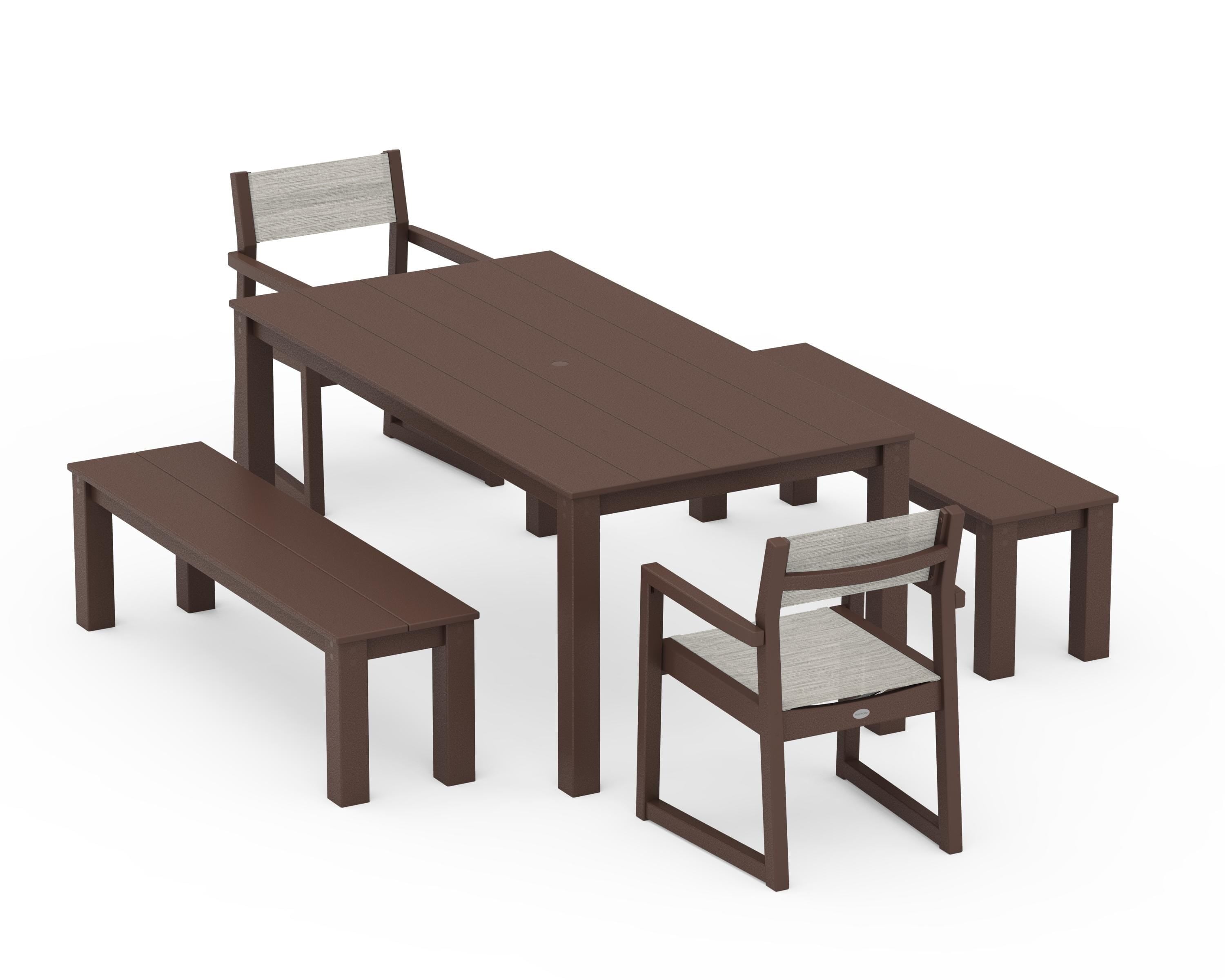 POLYWOOD® EDGE Sling Arm Chair 5-Piece Parsons Dining Set with Benches in Mahogany / Birch Sling