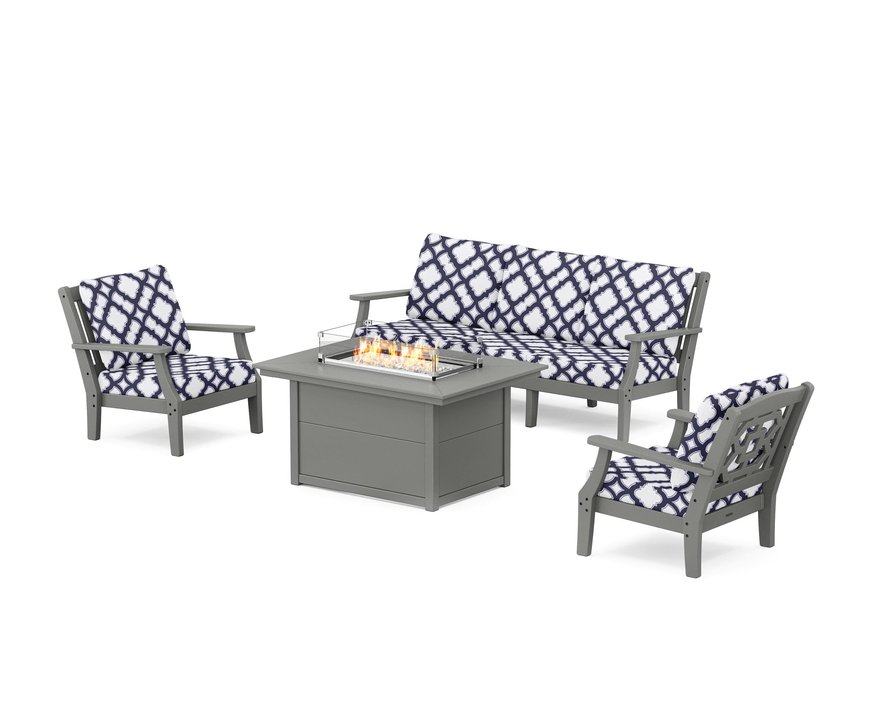 Martha Stewart by POLYWOOD® Chinoiserie Deep Seating Fire Pit Table Set in Slate Grey / Trellis Navy