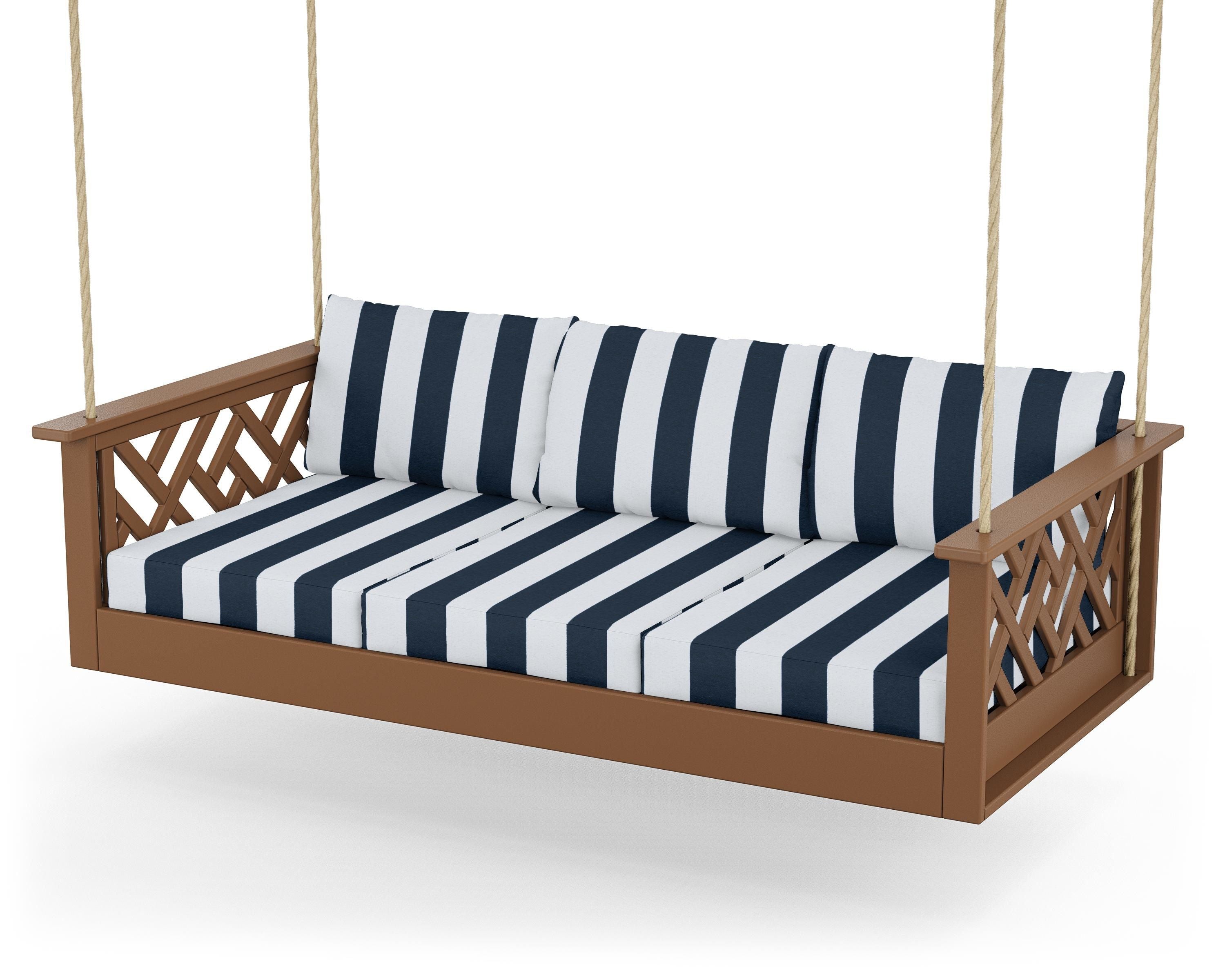 POLYWOOD® Chippendale Daybed Swing in Teak / Cabana Stripe Marine Indigo