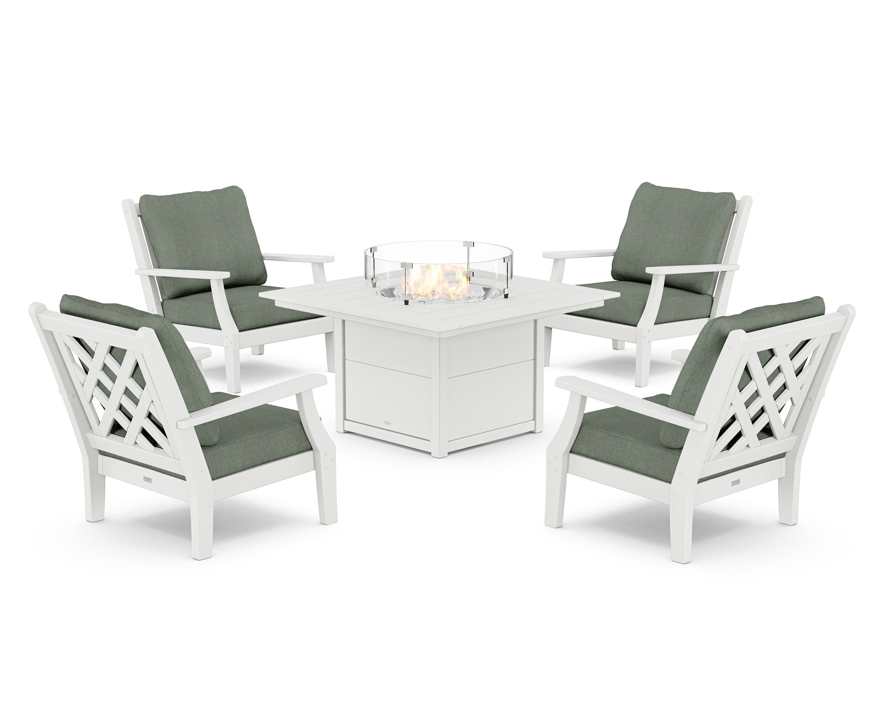 Country Living Wovendale 5-Piece Deep Seating Set with Fire Pit Table in White / Cast Sage