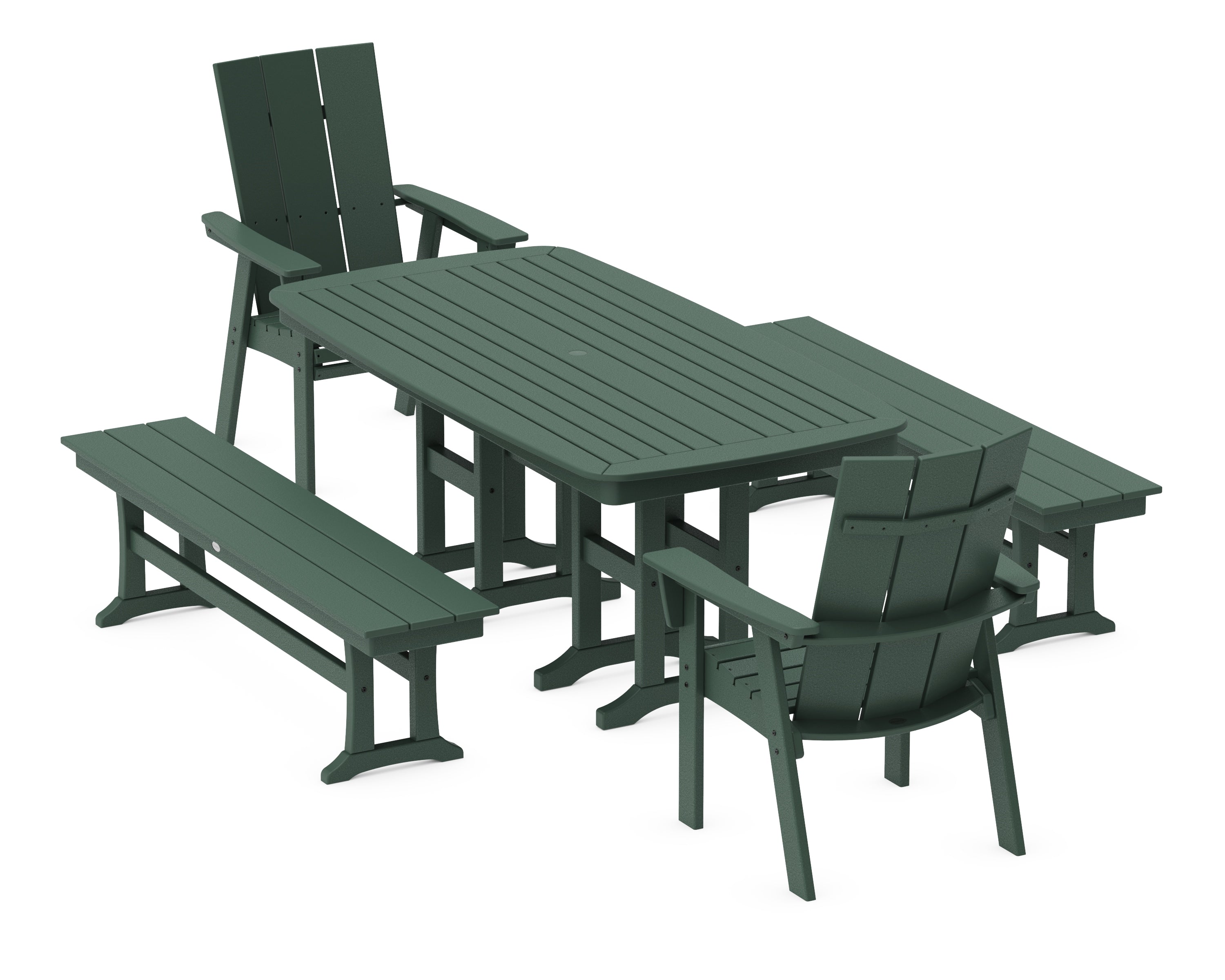 POLYWOOD® Modern Curveback Adirondack 5-Piece Dining Set with Benches in Green