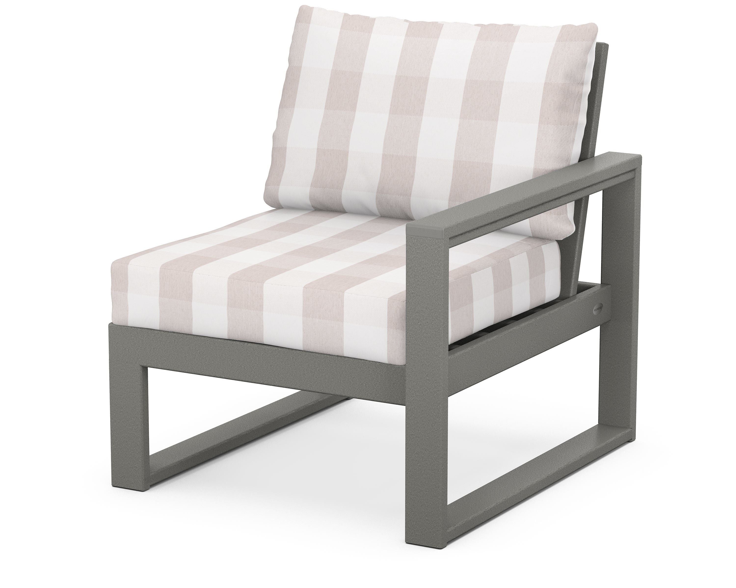 POLYWOOD® EDGE Modular Right Arm Chair in Slate Grey / Buffalo Plaid Dune Burlap