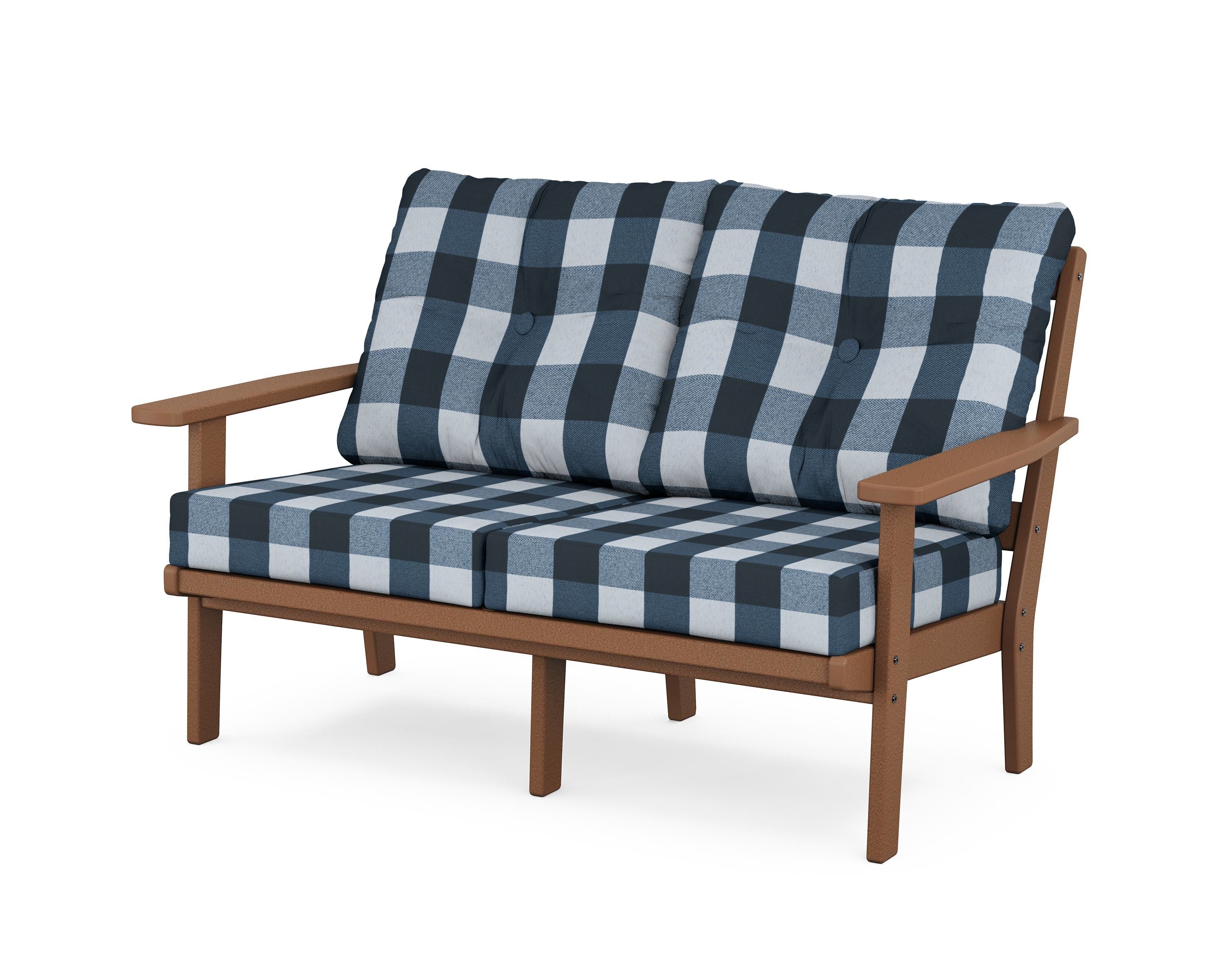 POLYWOOD® Prairie Deep Seating Loveseat in Teak / Buffalo Plaid Marine Indigo