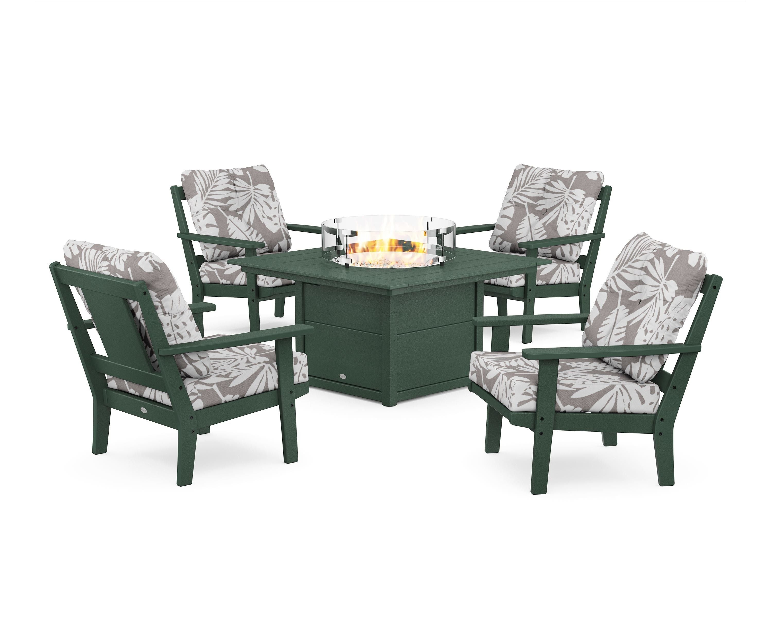 POLYWOOD® Prairie 5-Piece Deep Seating Set with Fire Pit Table in Green / Leaf Grey Mist
