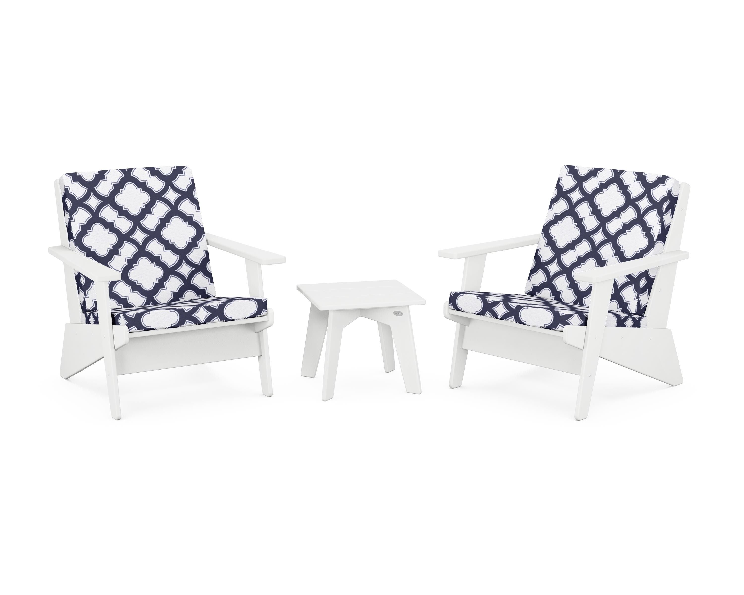 POLYWOOD® Riviera Modern Lounge 3-Piece Set in White / Trellis Navy