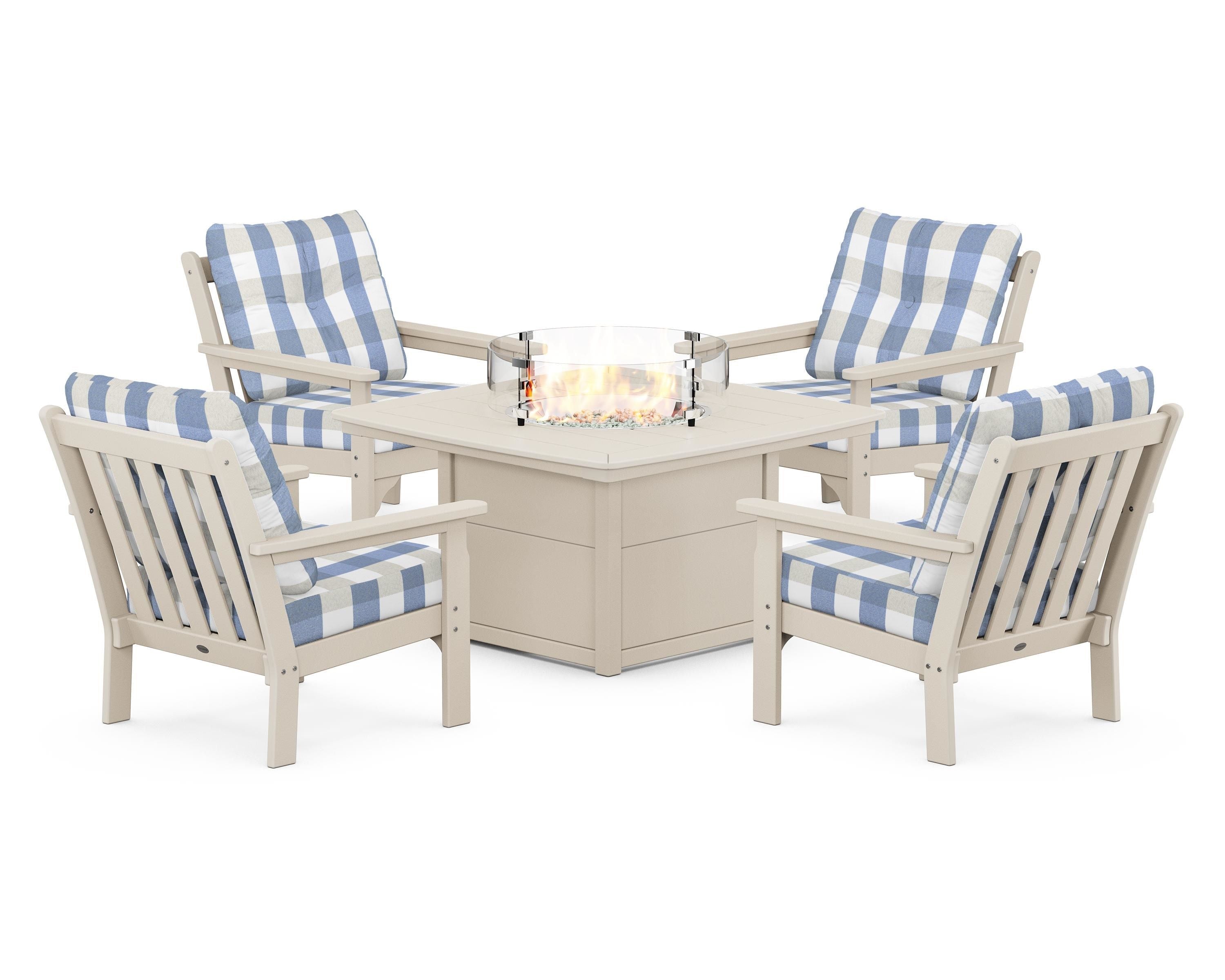 POLYWOOD® Vineyard 5-Piece Conversation Set with Fire Pit Table in Sand / Buffalo Plaid Sky Blue