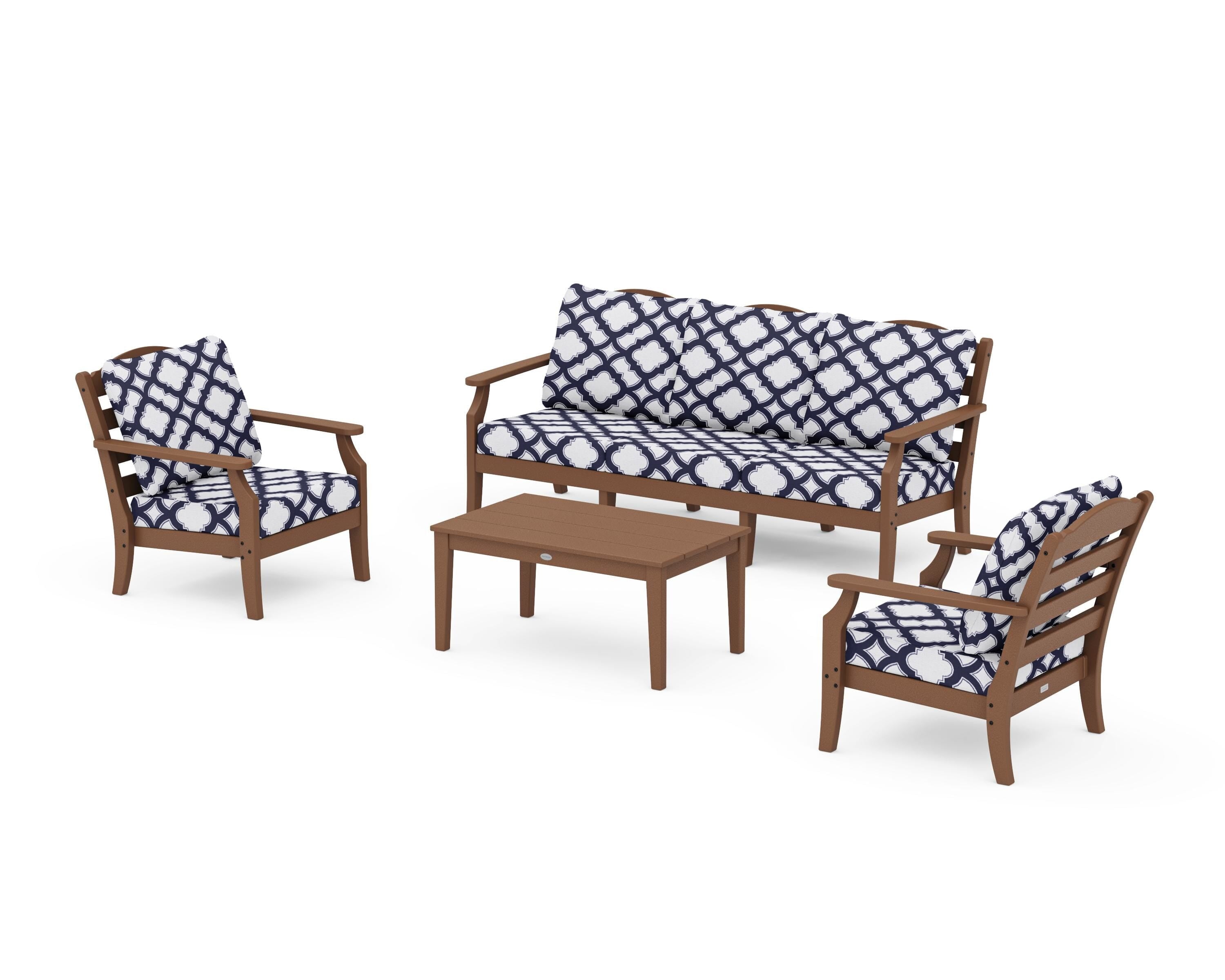 Draper James™ by POLYWOOD® Savannah 4-Piece Deep Seating Set with Sofa in Teak / Trellis Navy