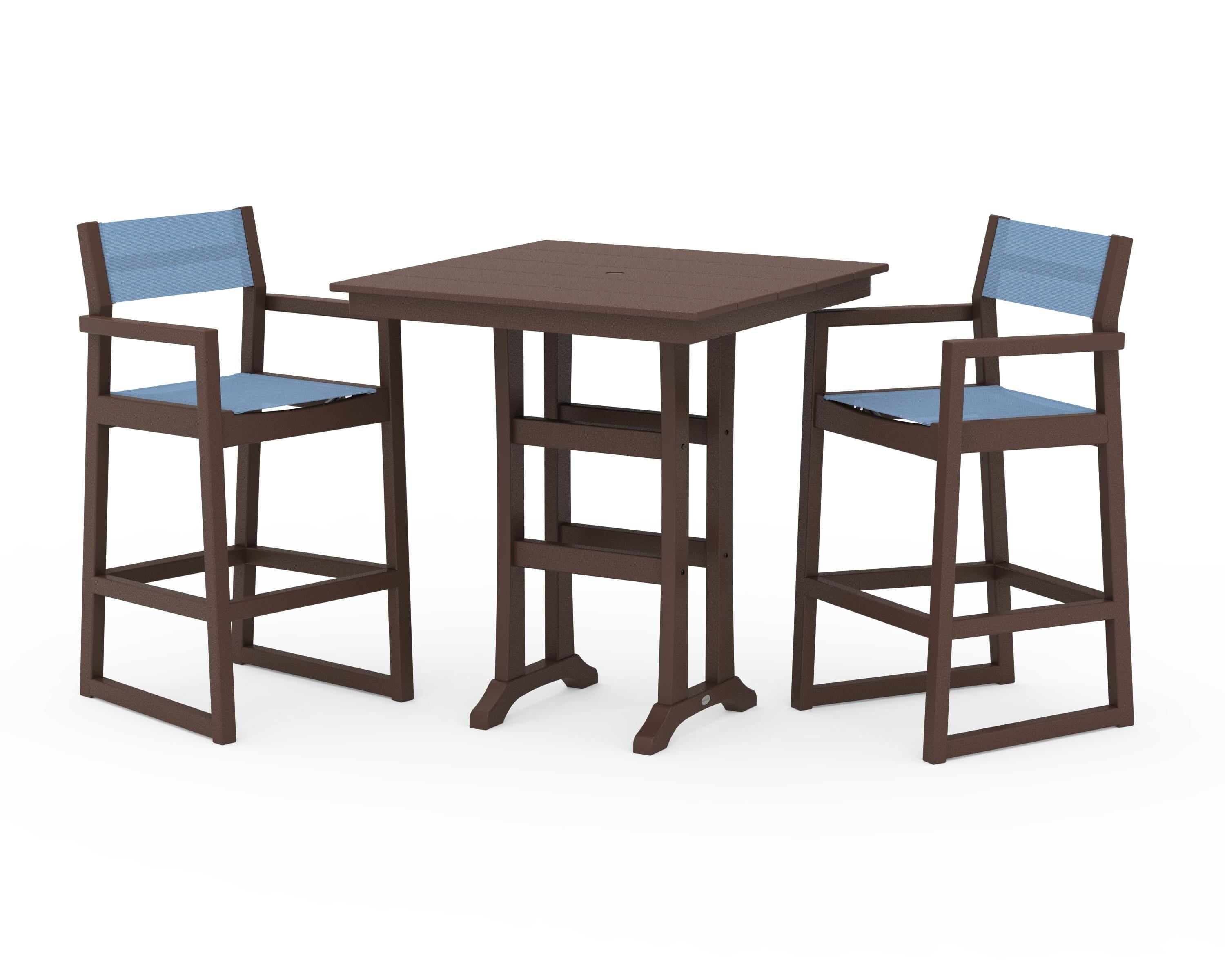 POLYWOOD® EDGE Sling Arm Chair 3-Piece Farmhouse Bar Set with Trestle Legs in Mahogany / Poolside Sling