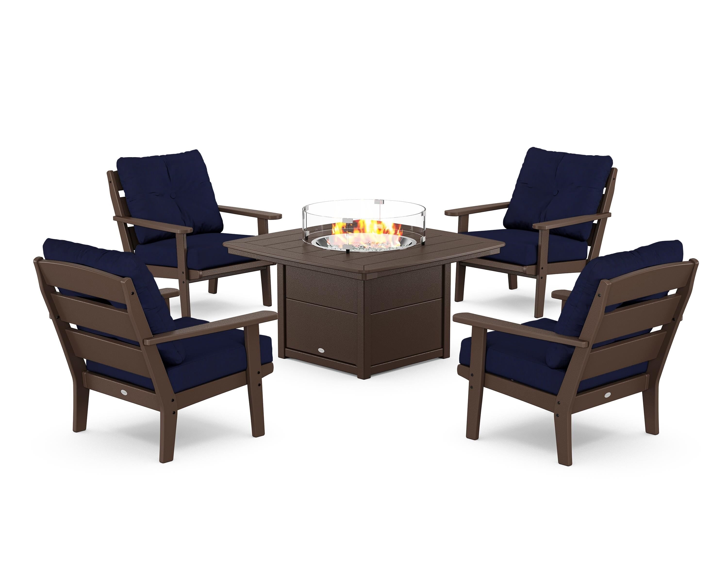POLYWOOD® Lakeside 5-Piece Deep Seating Set with Nautical Fire Pit Table in Mahogany / Navy