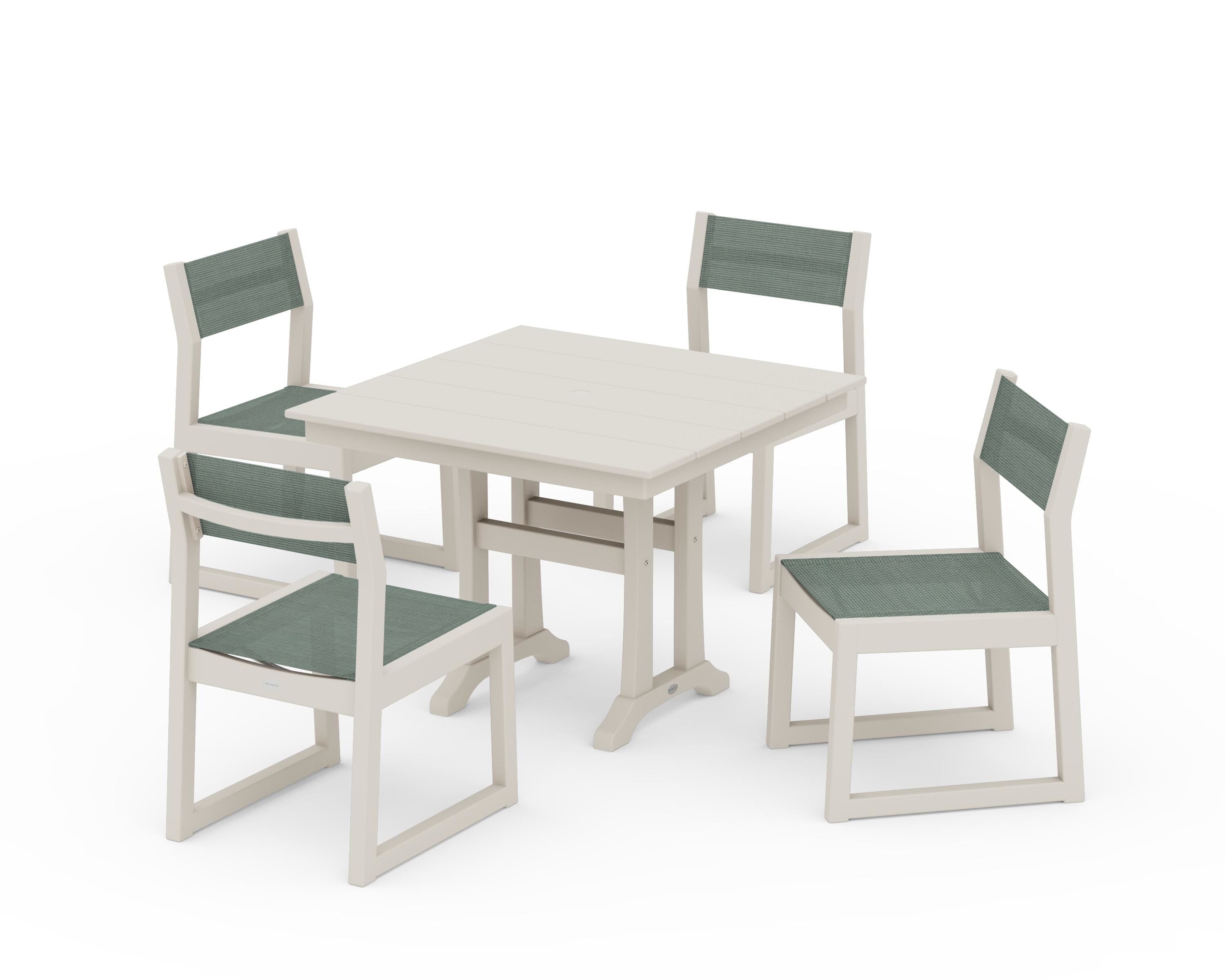 POLYWOOD® EDGE Sling 5-Piece Farmhouse Trestle Side Chair Dining Set in Sand / Dupioni Sea Mist Sling