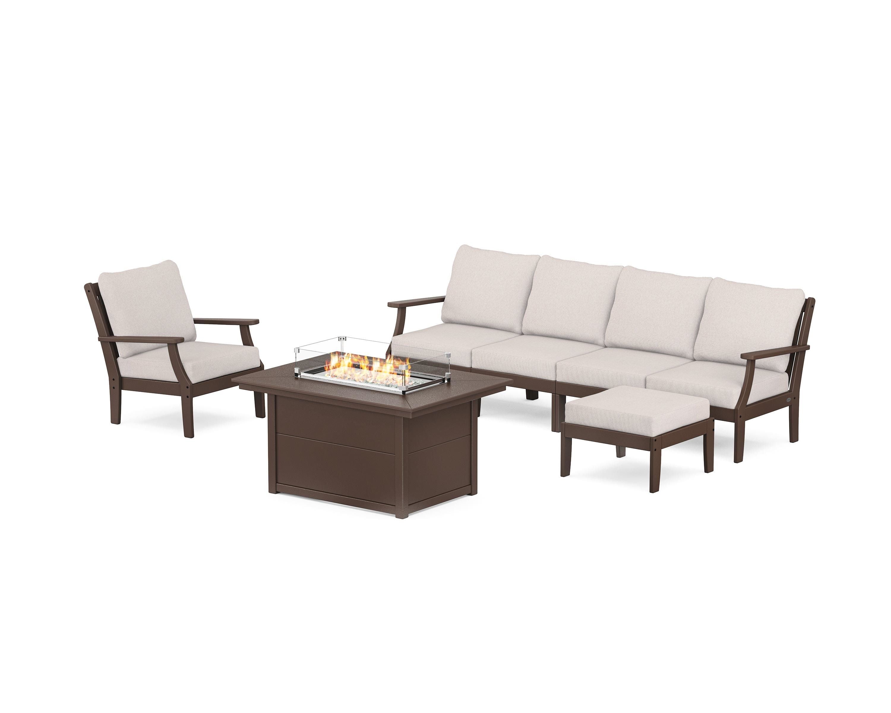 POLYWOOD® Braxton Sectional Lounge and Fire Pit Set in Mahogany / Dune Burlap