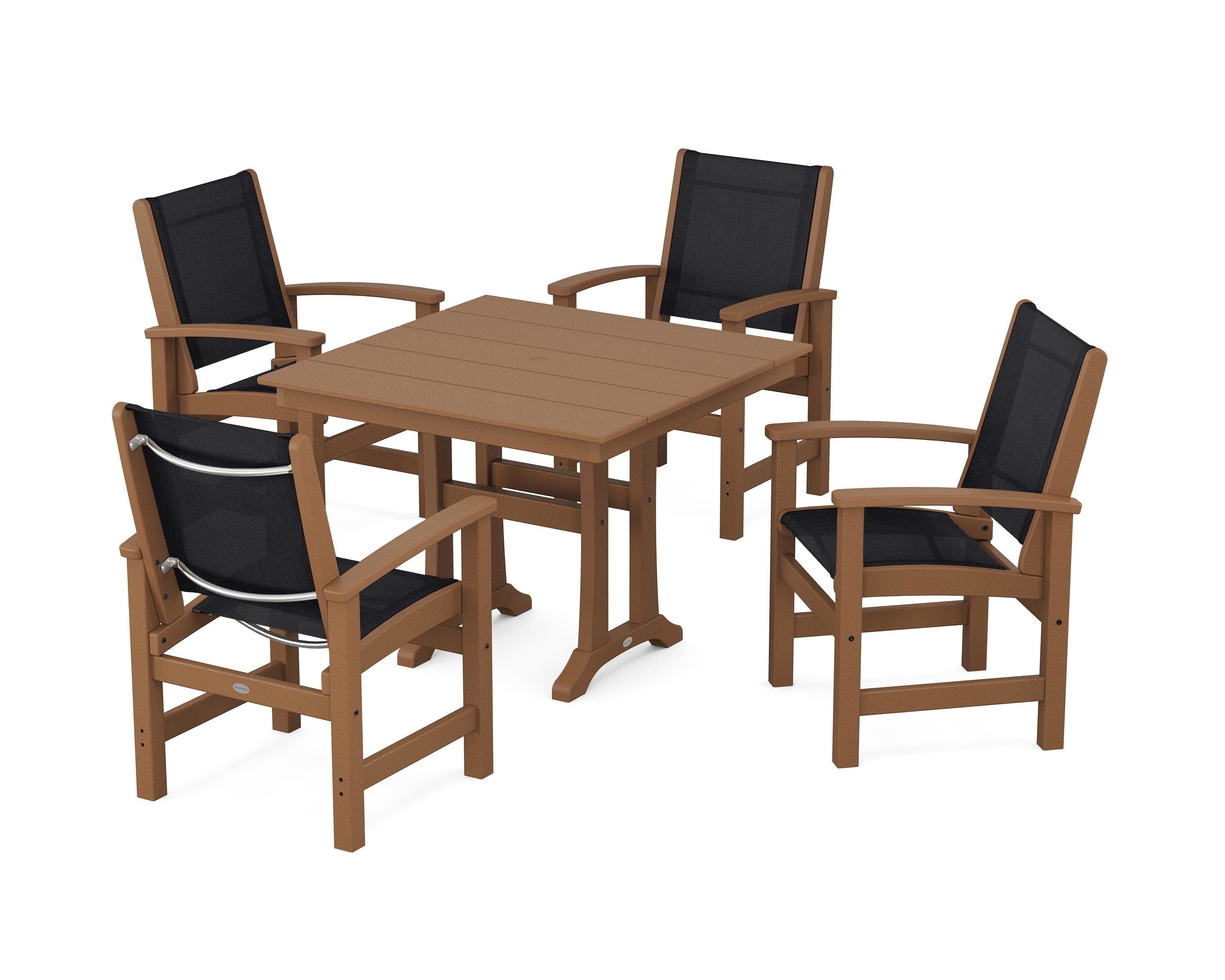 POLYWOOD® Coastal 5-Piece Farmhouse Dining Set With Trestle Legs in Teak / Black Sling
