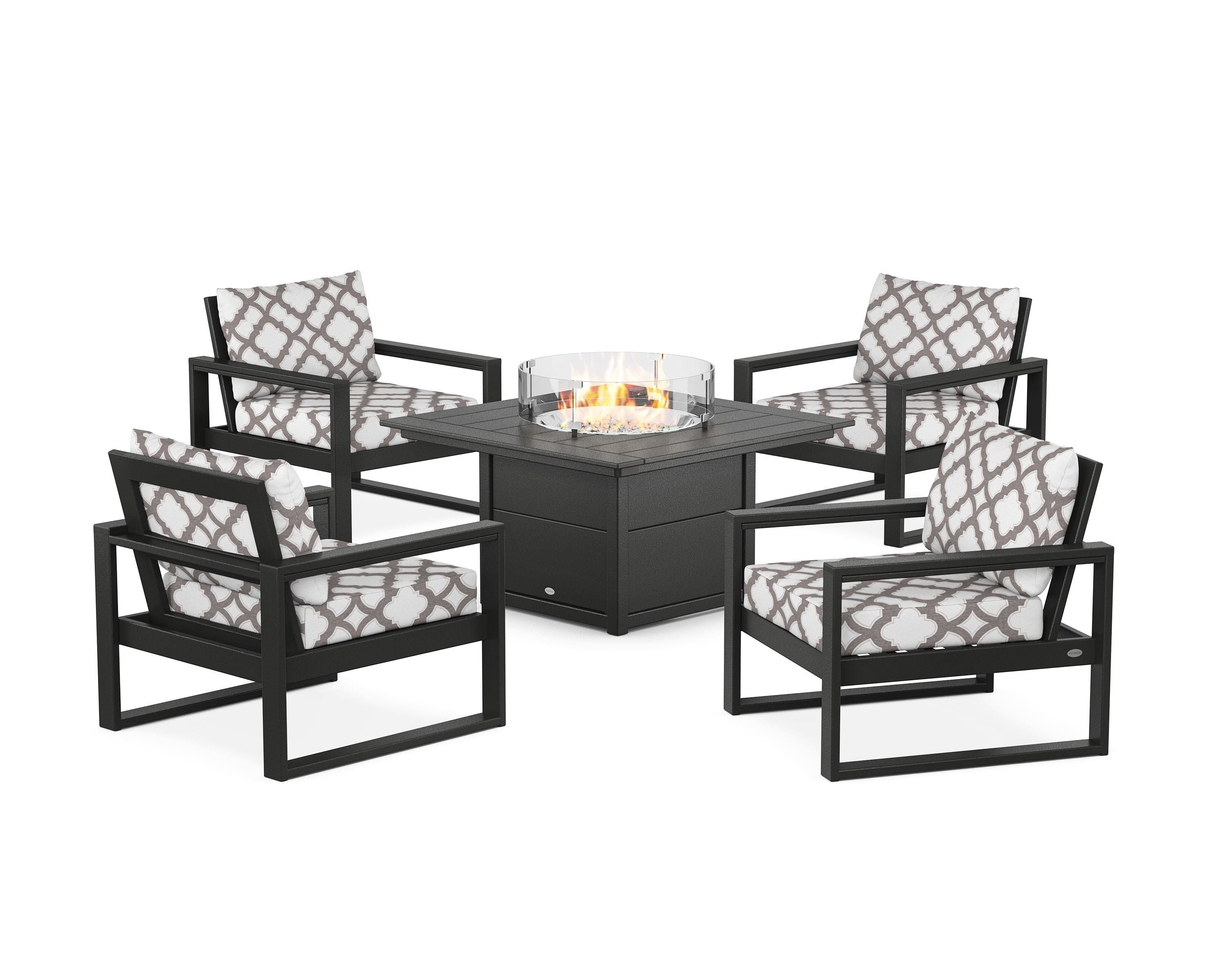 POLYWOOD® EDGE Sectional 5-Piece Deep Seating Set with Fire Pit Table in Black / Trellis Grey Mist