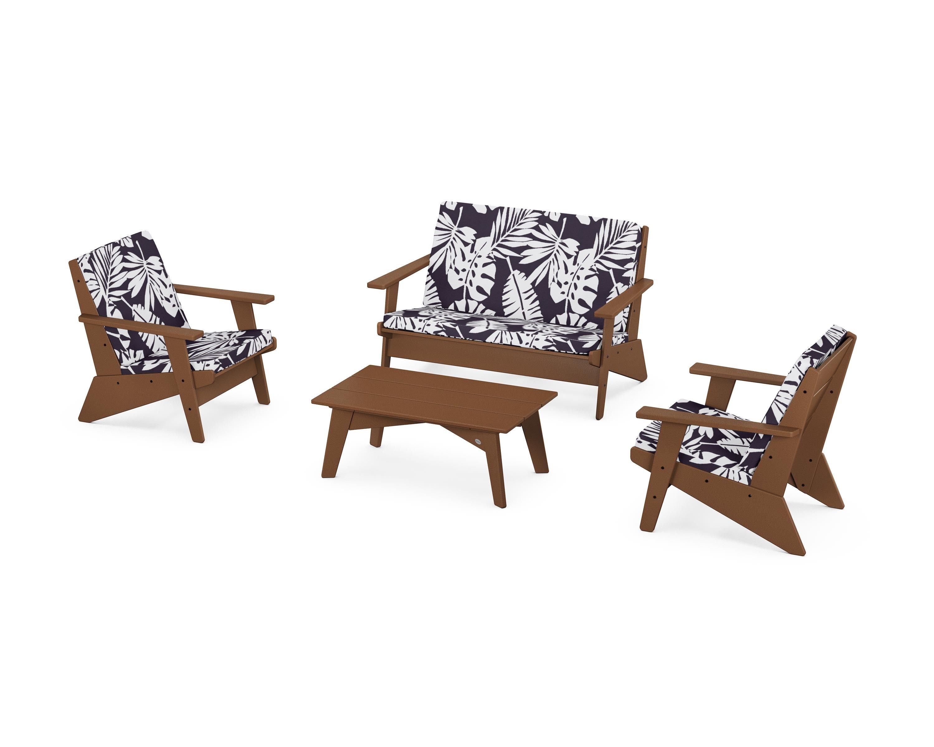 POLYWOOD® Riviera Modern Lounge 4-Piece Set in Teak / Leaf Navy