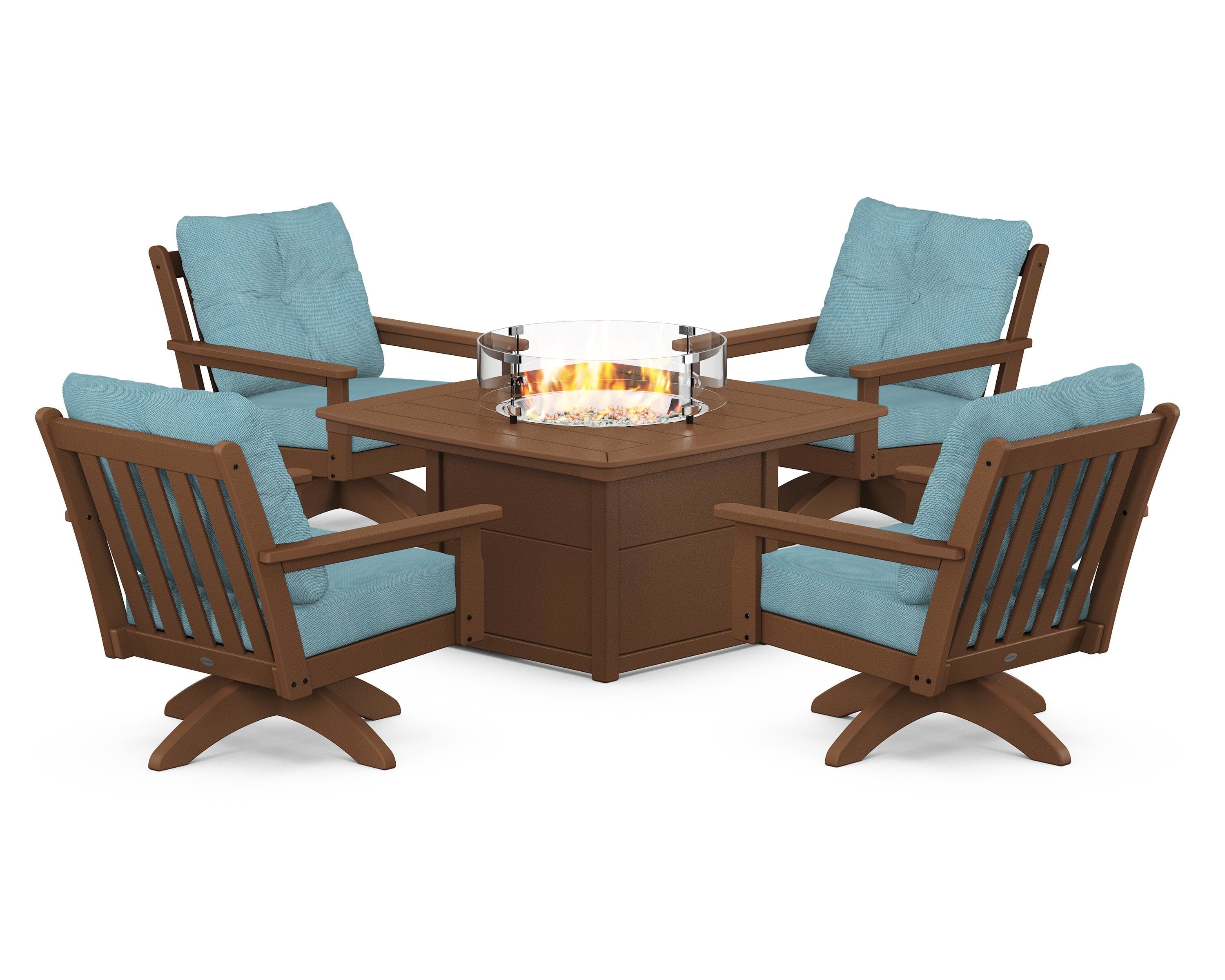 POLYWOOD® Vineyard 5-Piece Deep Seating Swivel Conversation Set with Fire Pit Table in Teak / Lattice Sky Blue