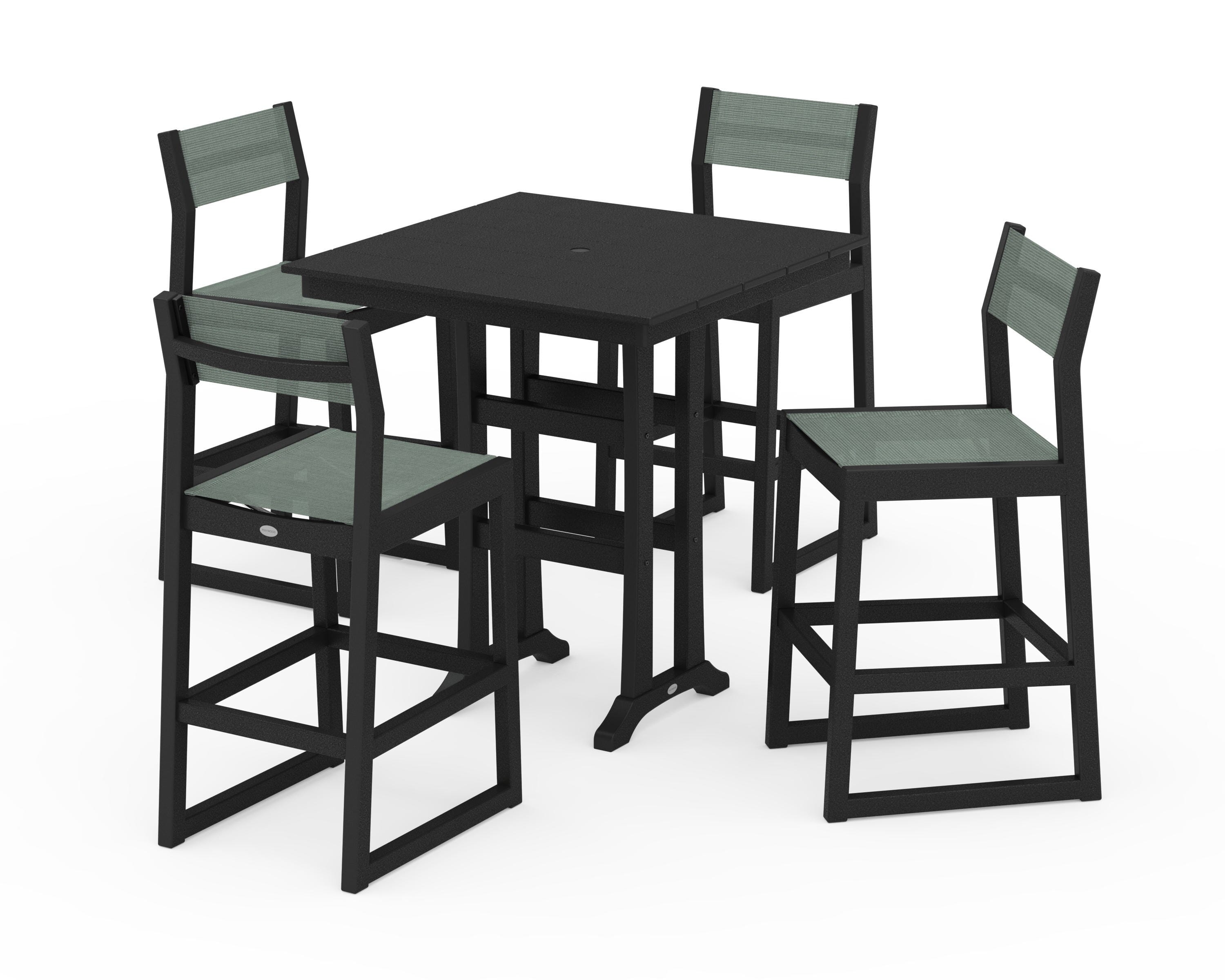 POLYWOOD® EDGE Sling Arm Chair 5-Piece Farmhouse Bar Set with Trestle Legs in Black / Dupioni Sea Mist Sling