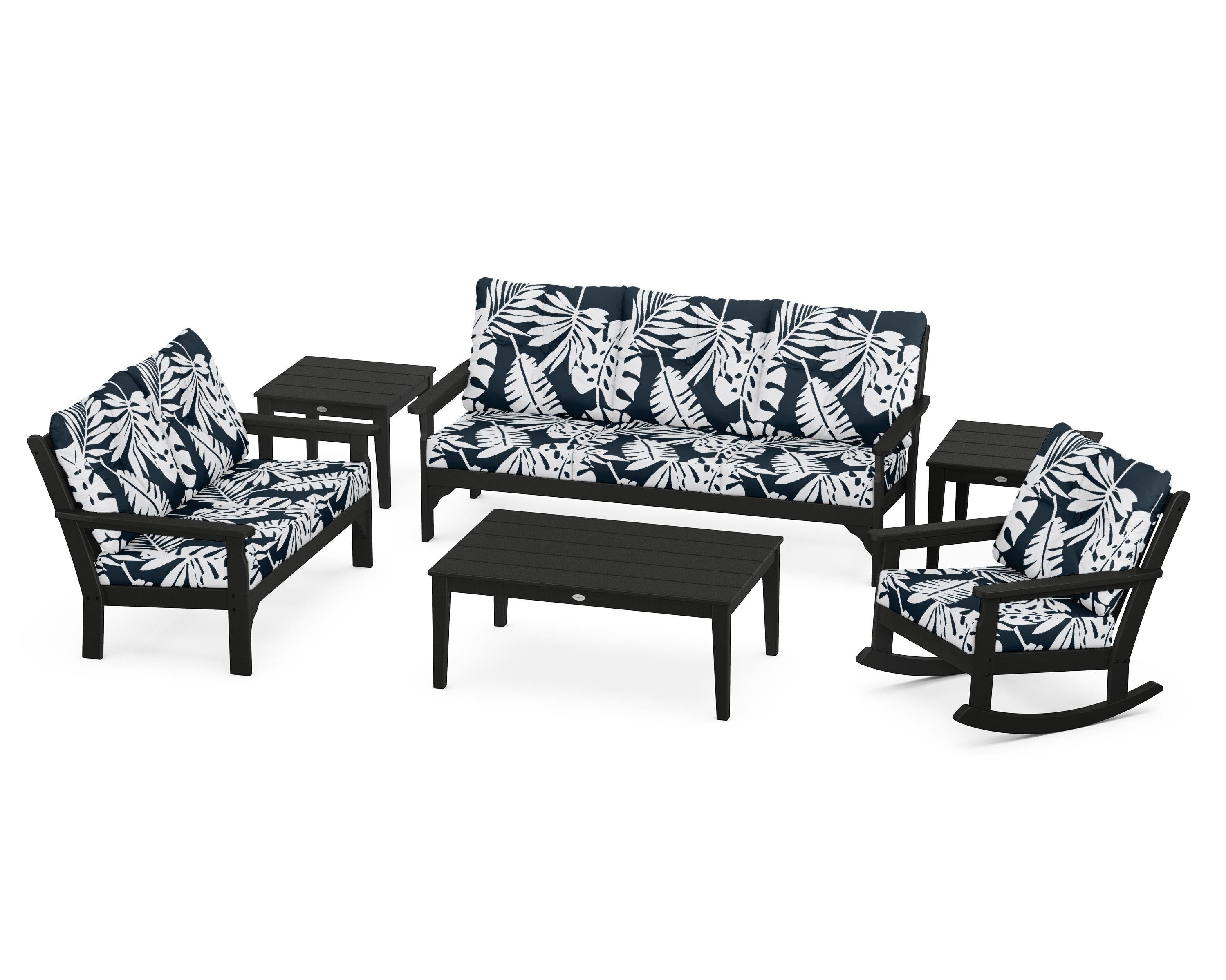 POLYWOOD® Vineyard 6-Piece Deep Seating Set in Black / Leaf Marine Indigo