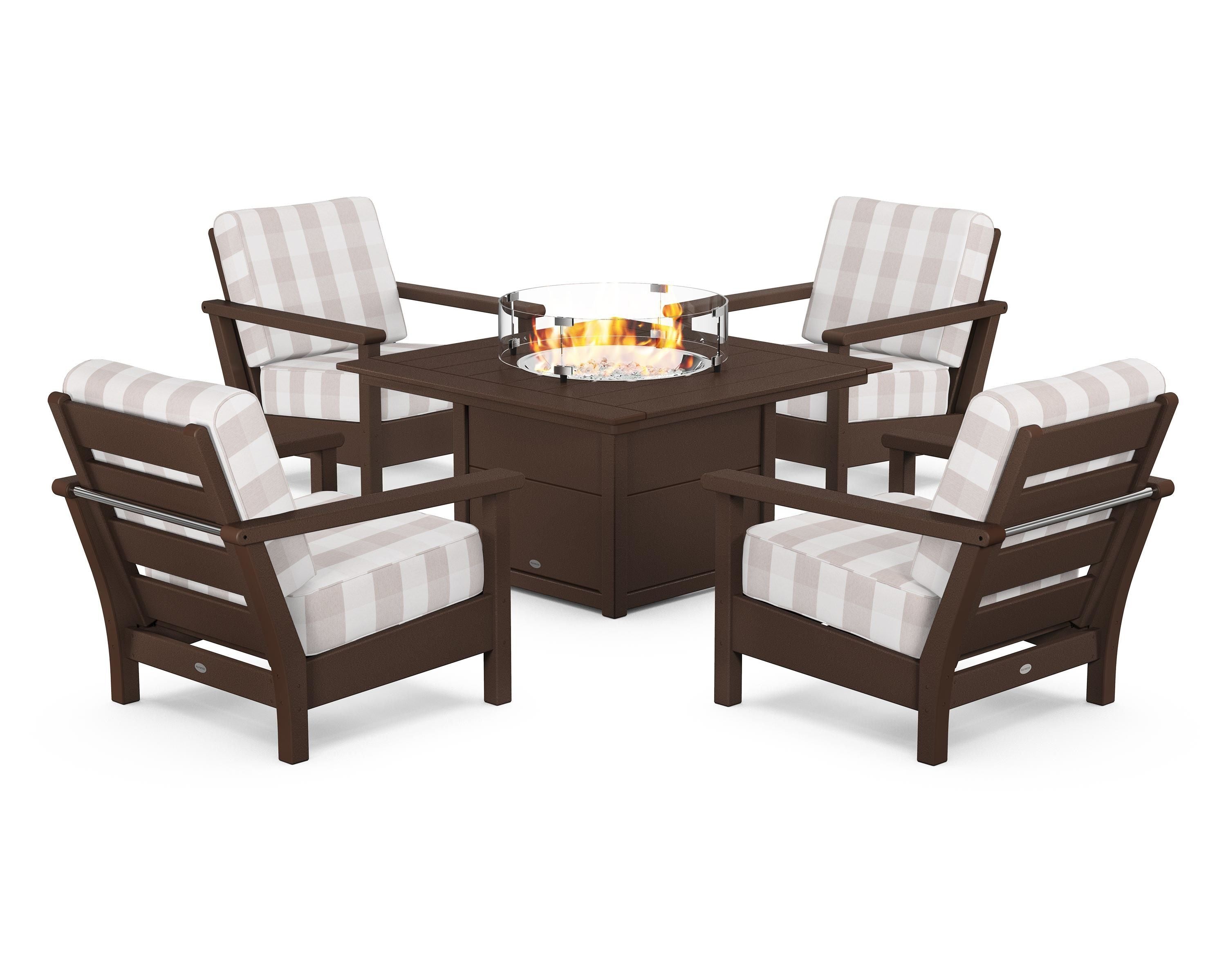POLYWOOD® Harbour 5-Piece Conversation Set with Fire Pit Table in Mahogany / Buffalo Plaid Dune Burlap
