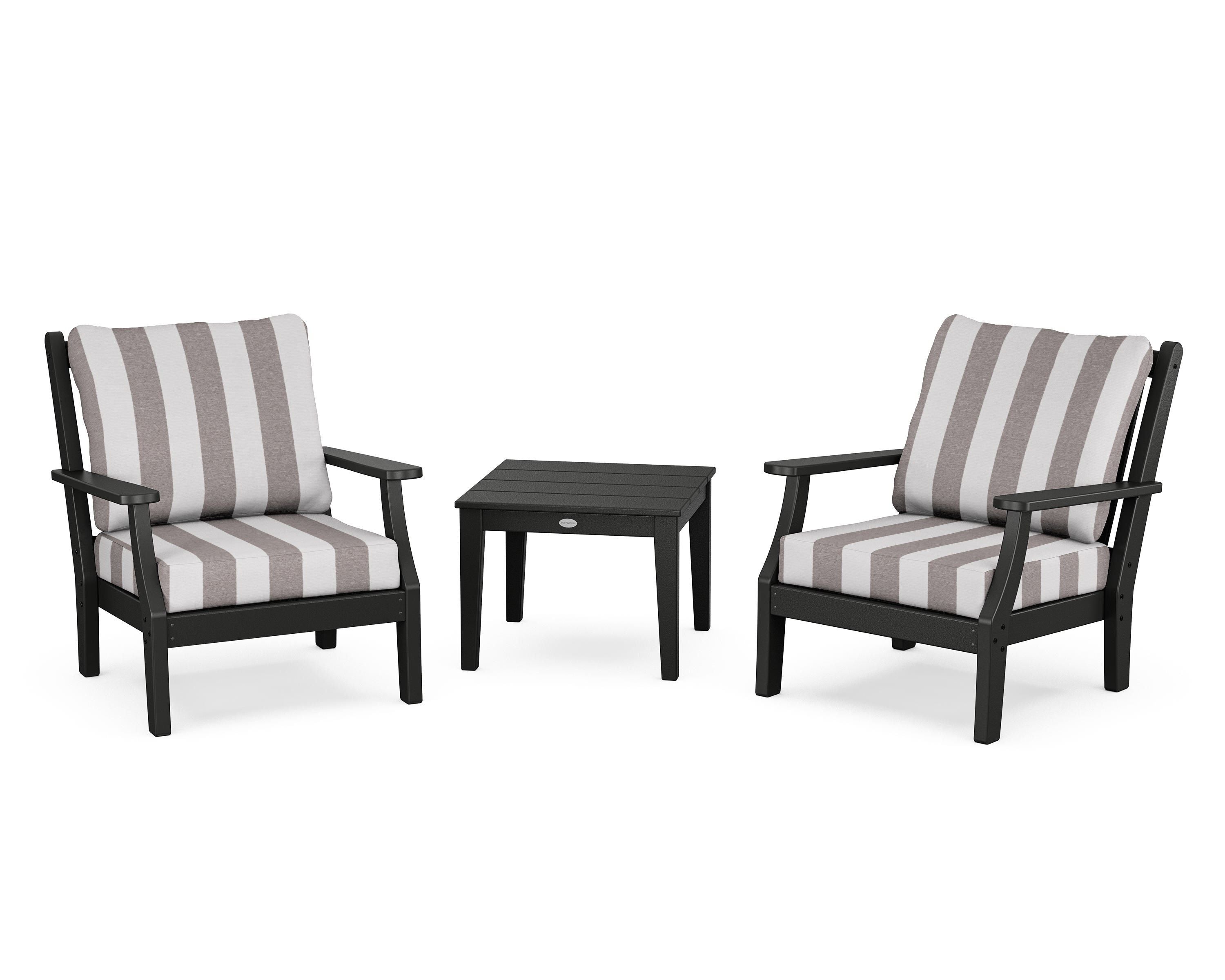 Country Living Wovendale 3-Piece Deep Seating Set in Black / Cabana Stripe Grey Mist