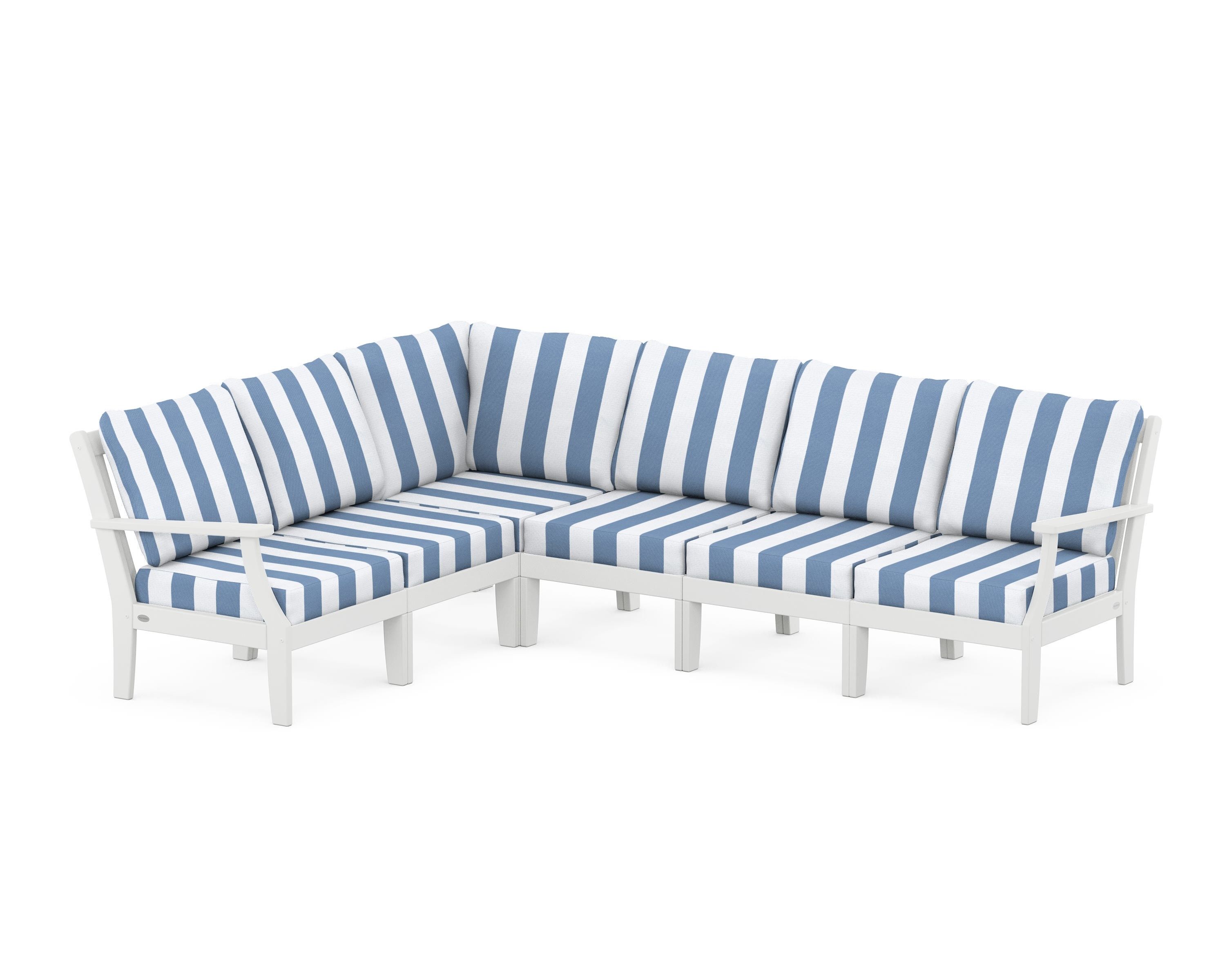 POLYWOOD® Braxton Modular 6-Piece Deep Seating Set in White / Cabana Stripe Sky Blue