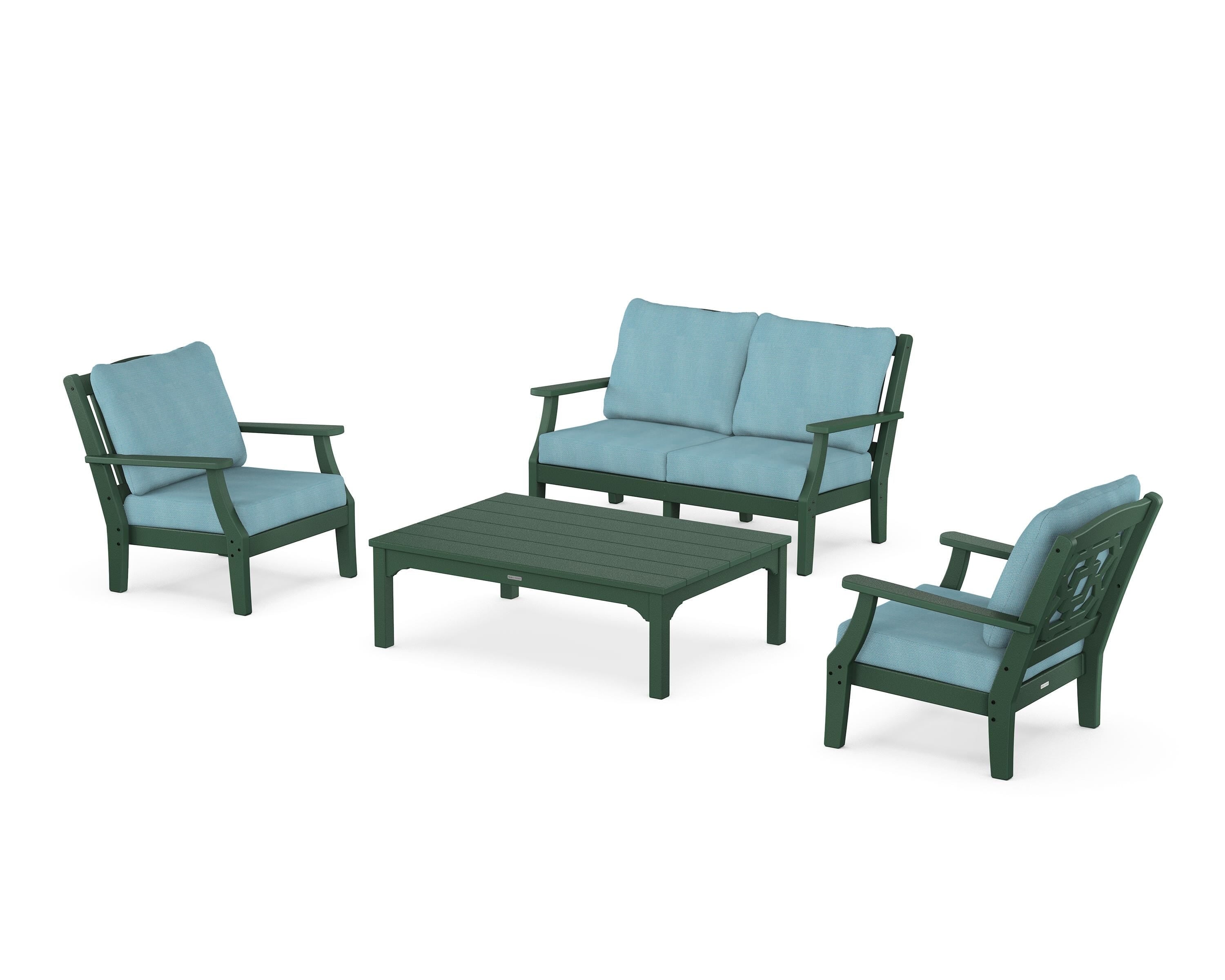 Martha Stewart by POLYWOOD® Chinoiserie 4-Piece Deep Seating Set with Loveseat in Green / Lattice Sky Blue