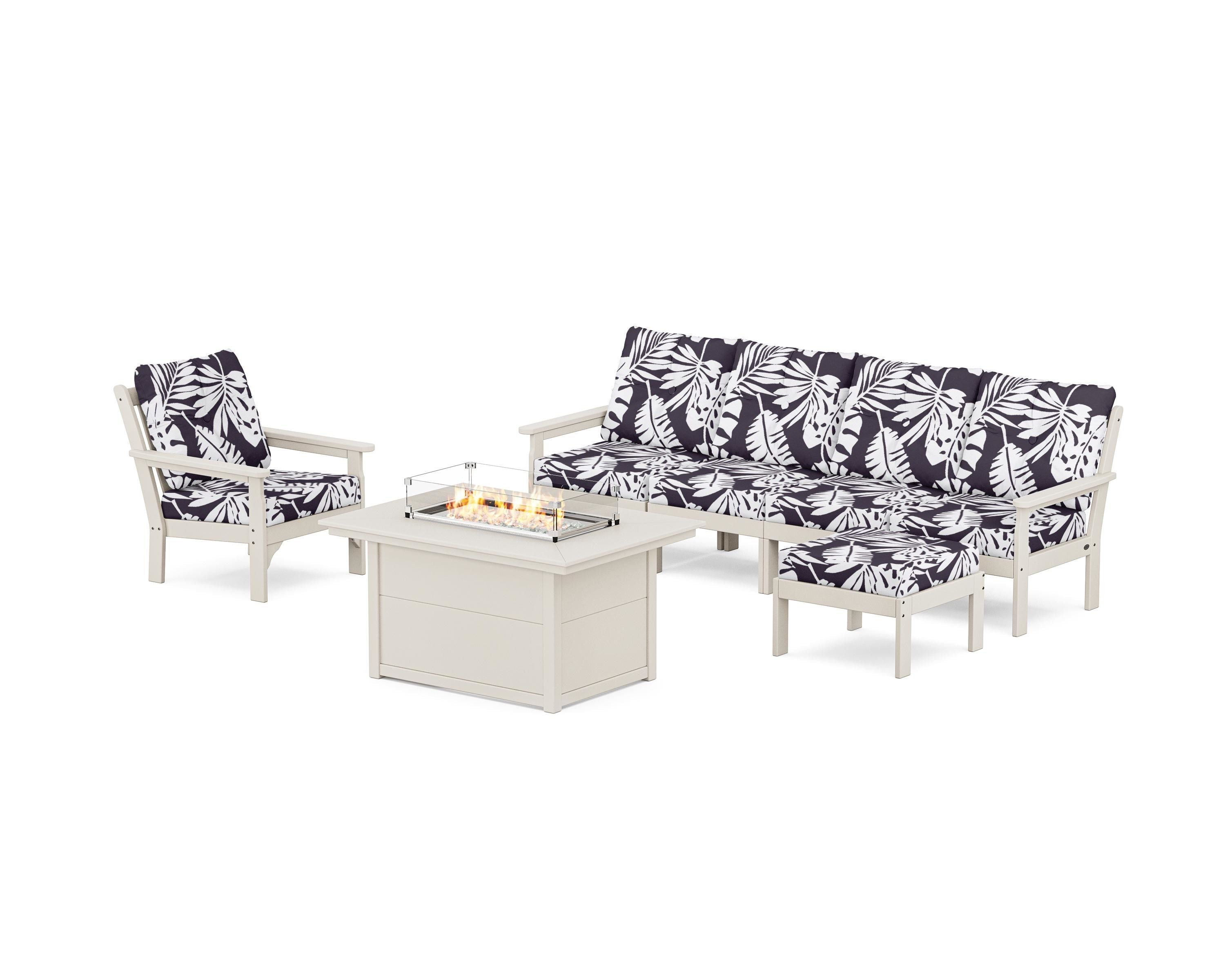 POLYWOOD® Vineyard Sectional Lounge and Fire Pit Set in Sand / Leaf Navy
