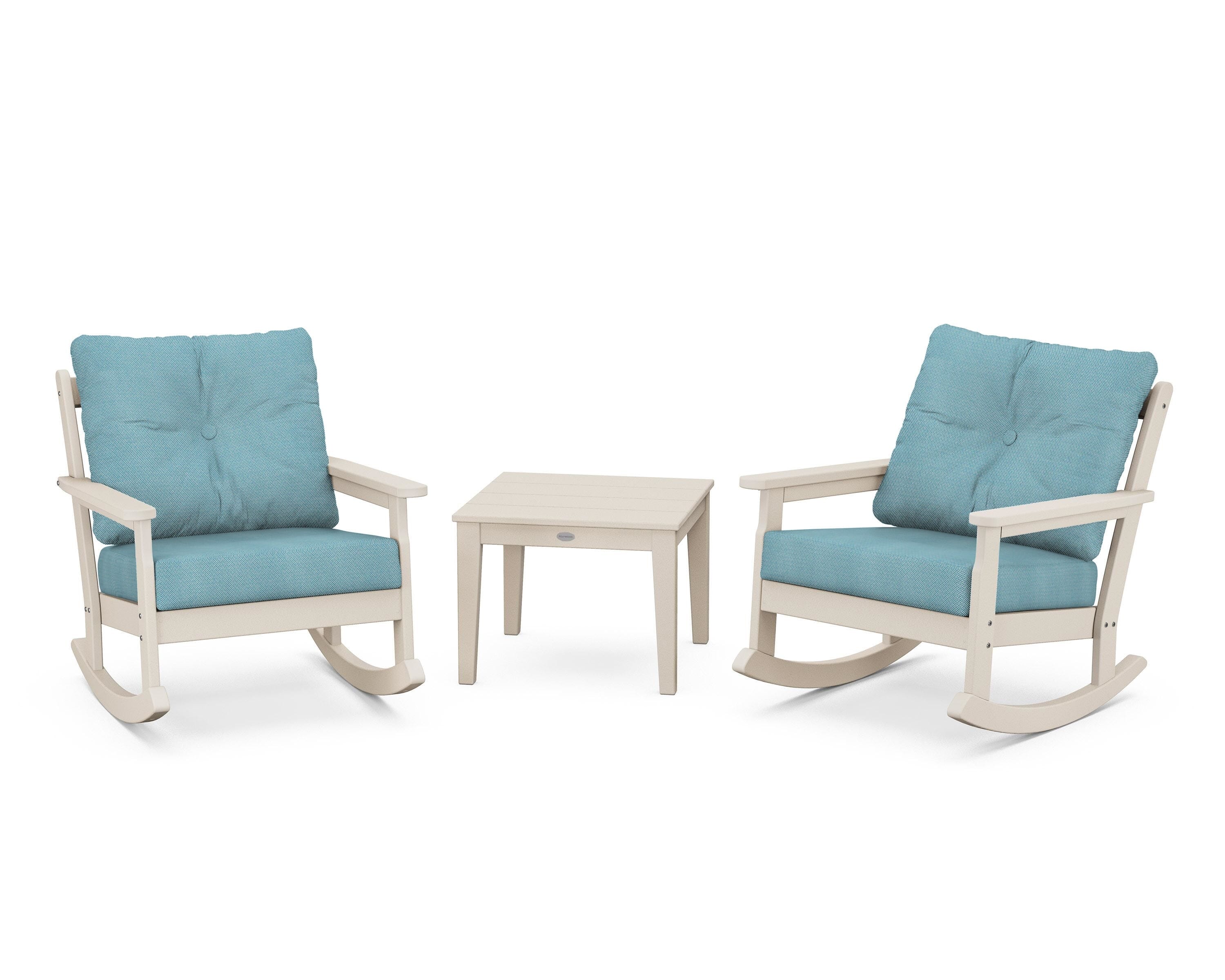 POLYWOOD® Vineyard 3-Piece Deep Seating Rocker Set in Sand / Lattice Sky Blue