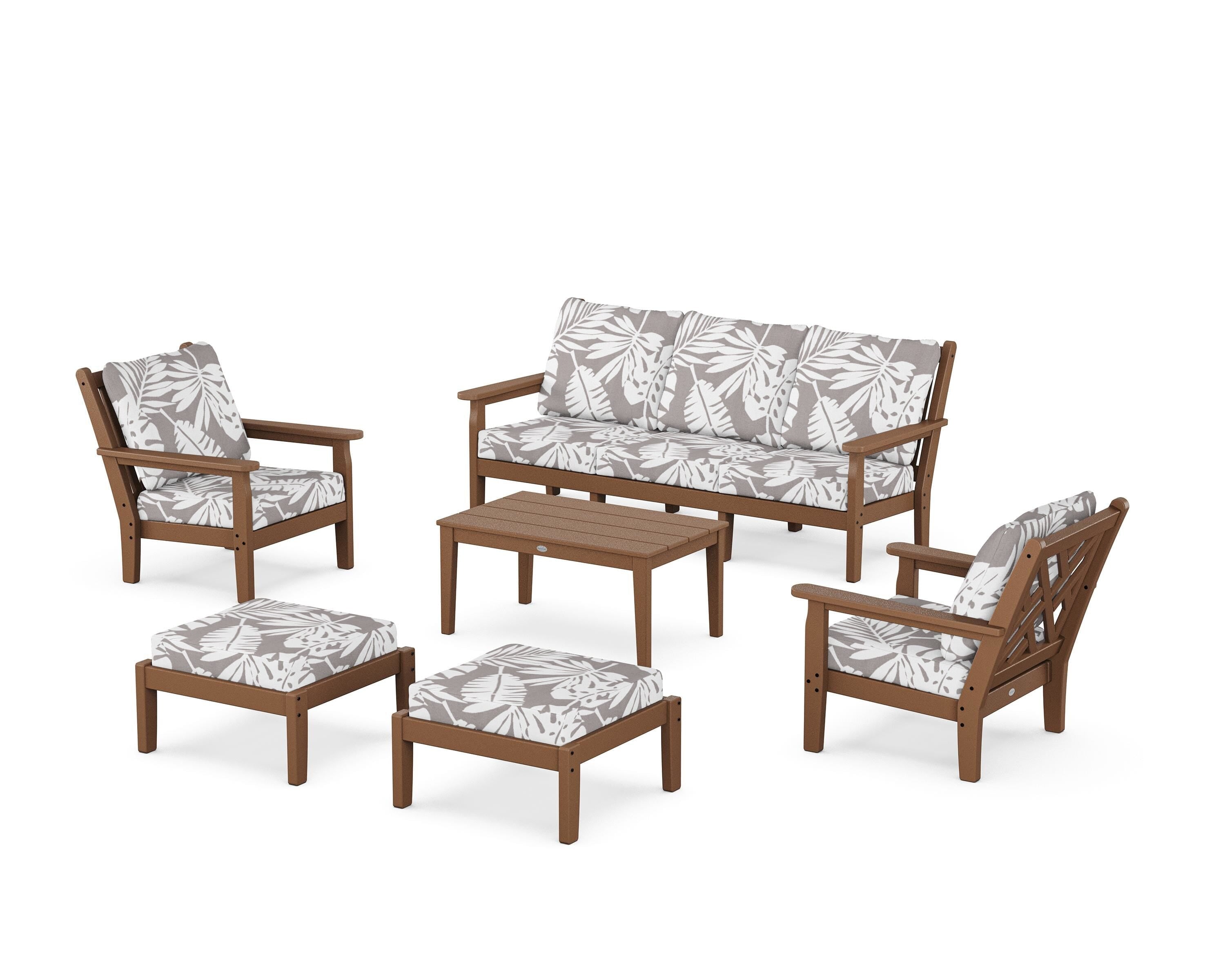 POLYWOOD® Chippendale 6-Piece Lounge Sofa Set in Teak / Leaf Grey Mist