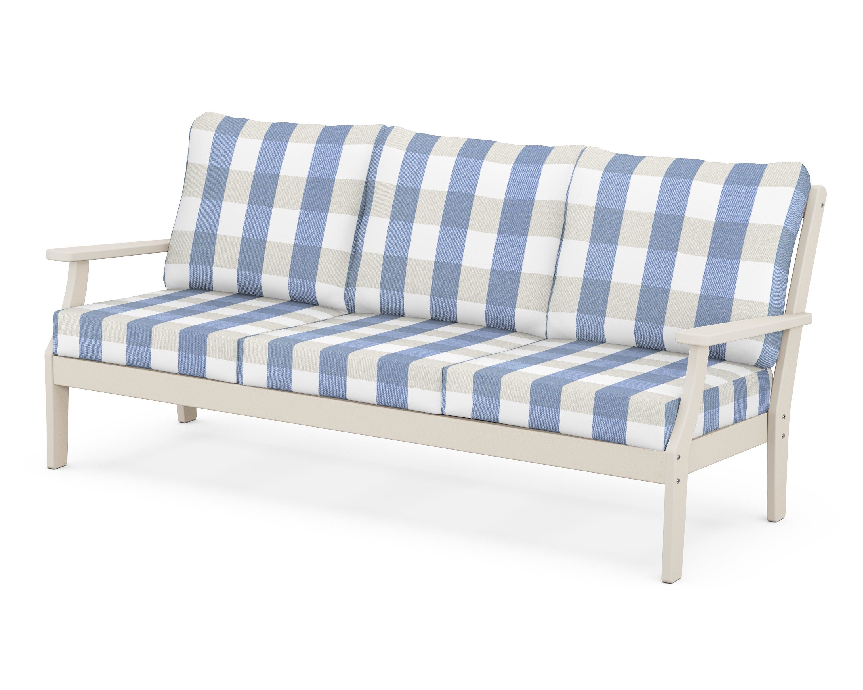 POLYWOOD® Braxton Deep Seating Sofa in Sand / Buffalo Plaid Sky Blue