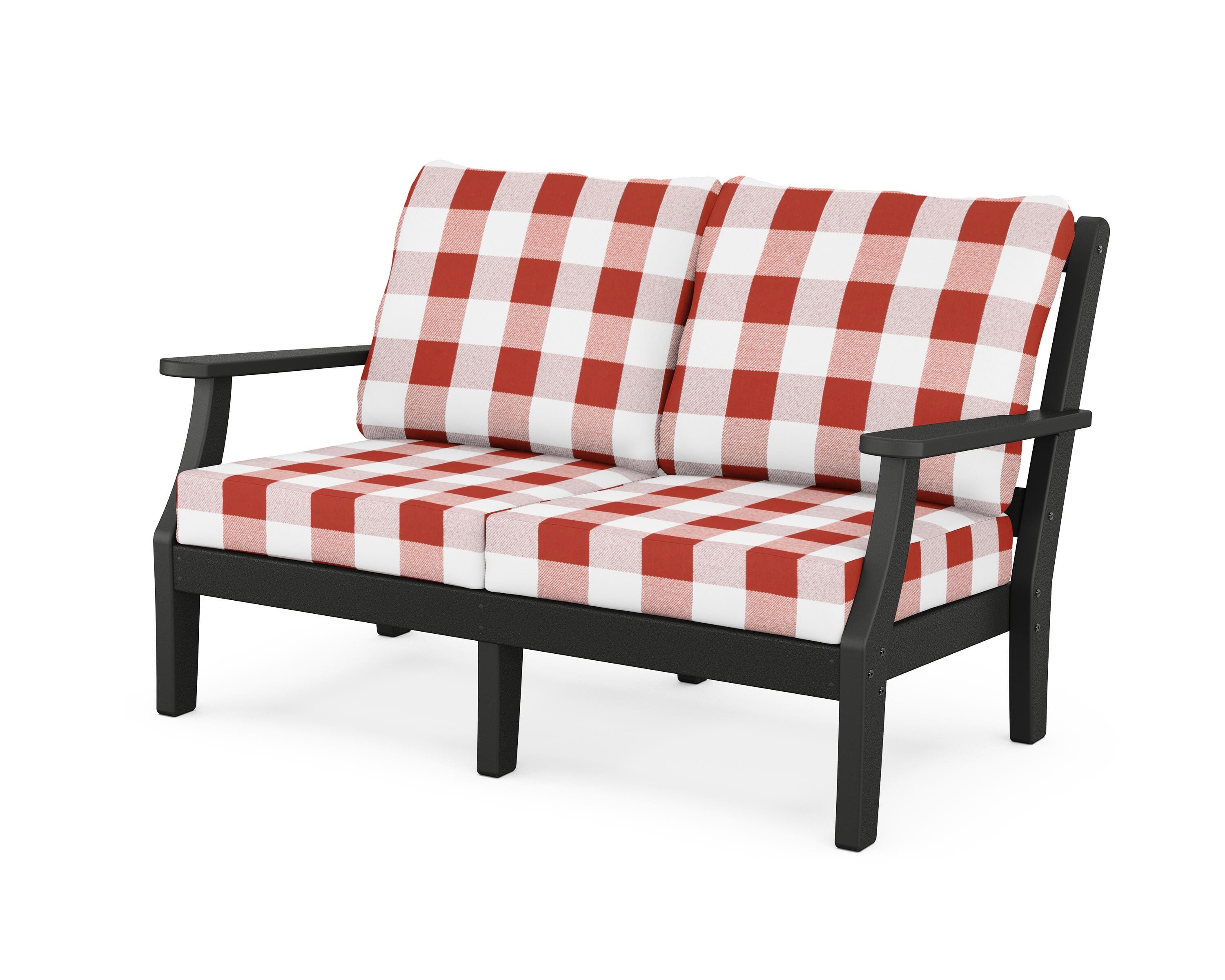 Martha Stewart by POLYWOOD® Chinoiserie Deep Seating Loveseat in Black / Buffalo Plaid Crimson
