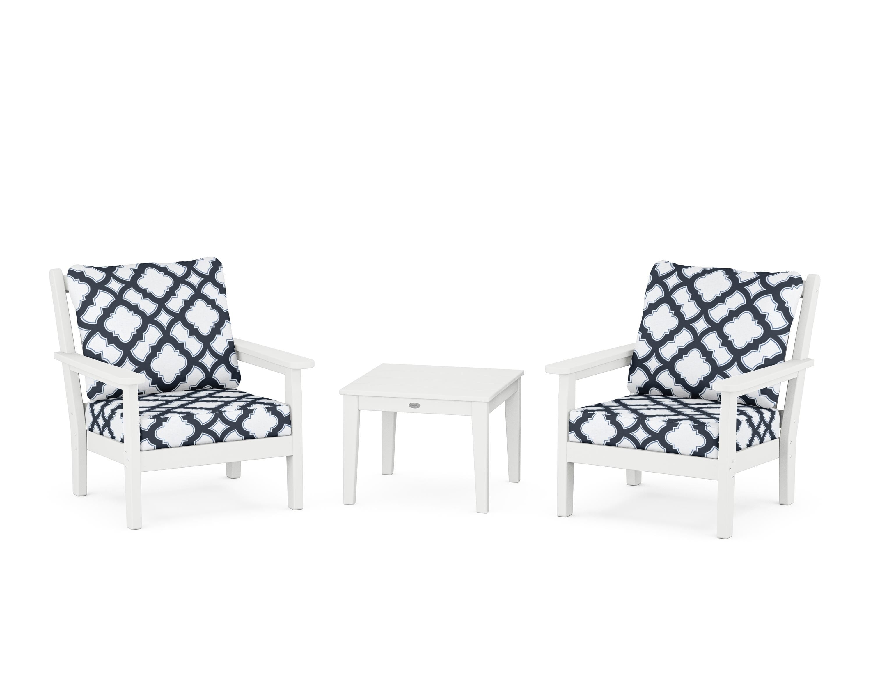 POLYWOOD® Chippendale 3-Piece Deep Seating Set in White / Trellis Marine Indigo